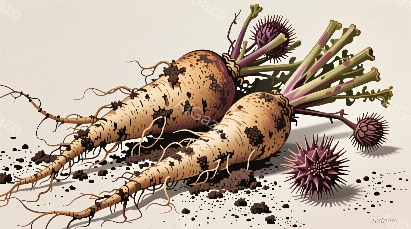 土にまみれた根菜がいくつか写っています。根菜は茶色と白のまだら模様で、複雑な根が広がり、周囲には土や小さな植物の破片が散らばっています。背景は淡い色調で、根菜の自然な質感を強調し、全体的に土の香りが漂うような素朴な雰囲気を醸し出しています。