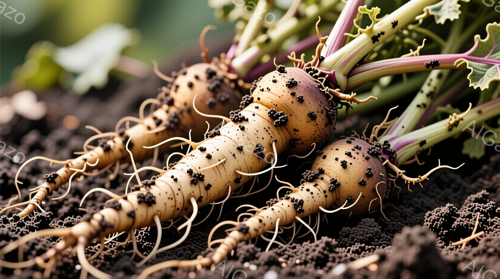 土の中から掘り出されたばかりの根菜類が写っている。細長い根の部分には無数の小さな突起があり、紫色の茎と緑色の葉が土から顔を出している。土は湿っていて、植物が成長するのに適した環境であることがわかる。