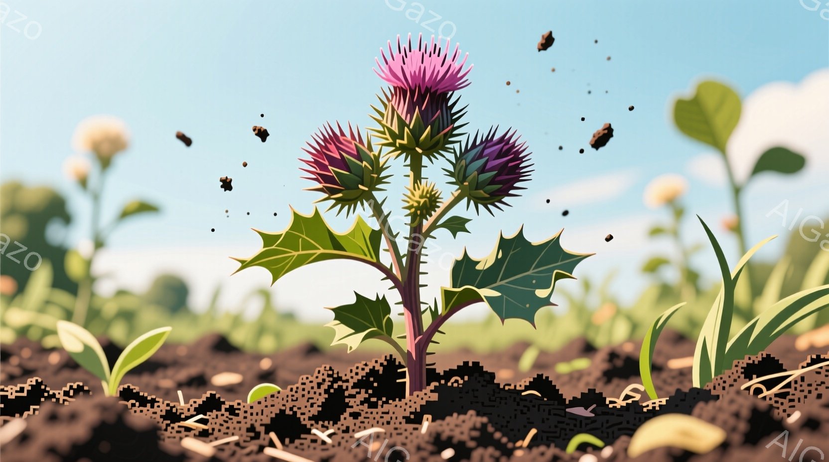 鮮やかな紫色のアザミが、土の中から力強く生えている様子が写っている。背景には緑豊かな草が生い茂り、土の粒子が舞い、明るい晴天の下で植物が成長している様子が表現されている。全体的に、自然の生命力と、大地 - AI生成フリー素材