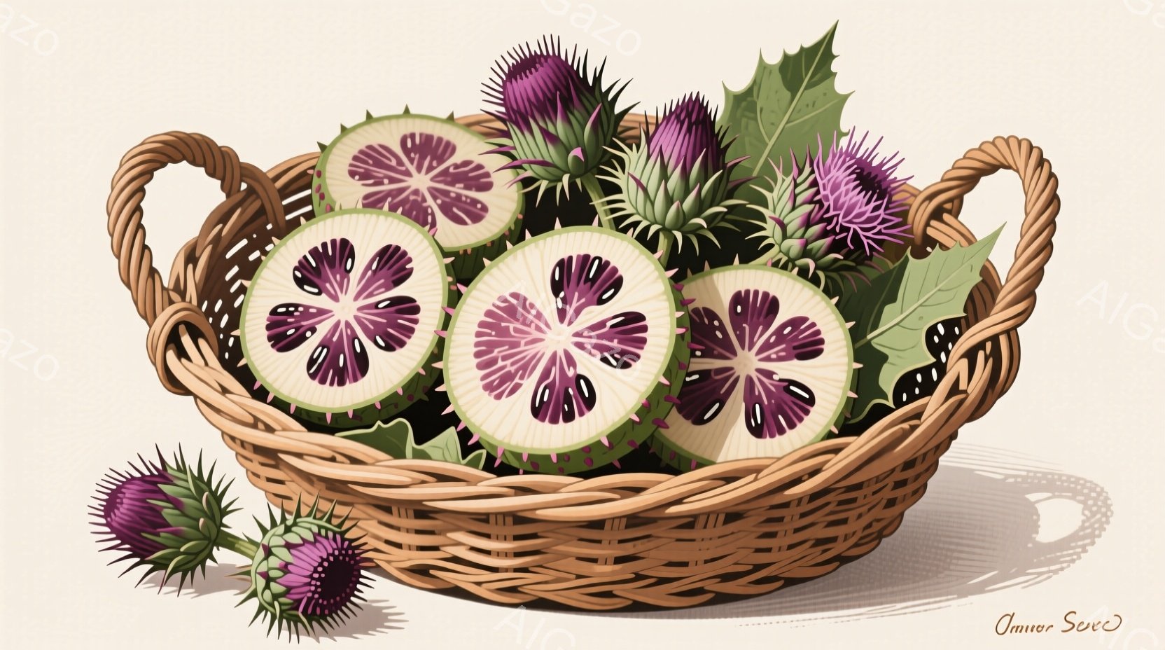 籠の中に、紫色の中心を持つ緑色の植物の断面がいくつか入っています。周りには、紫色のトゲのある花がいくつか添えられ、緑の葉も少し見えます。全体的に影があり、暖色系の色合いで、静かで落ち着いた雰囲気を醸し出しています。