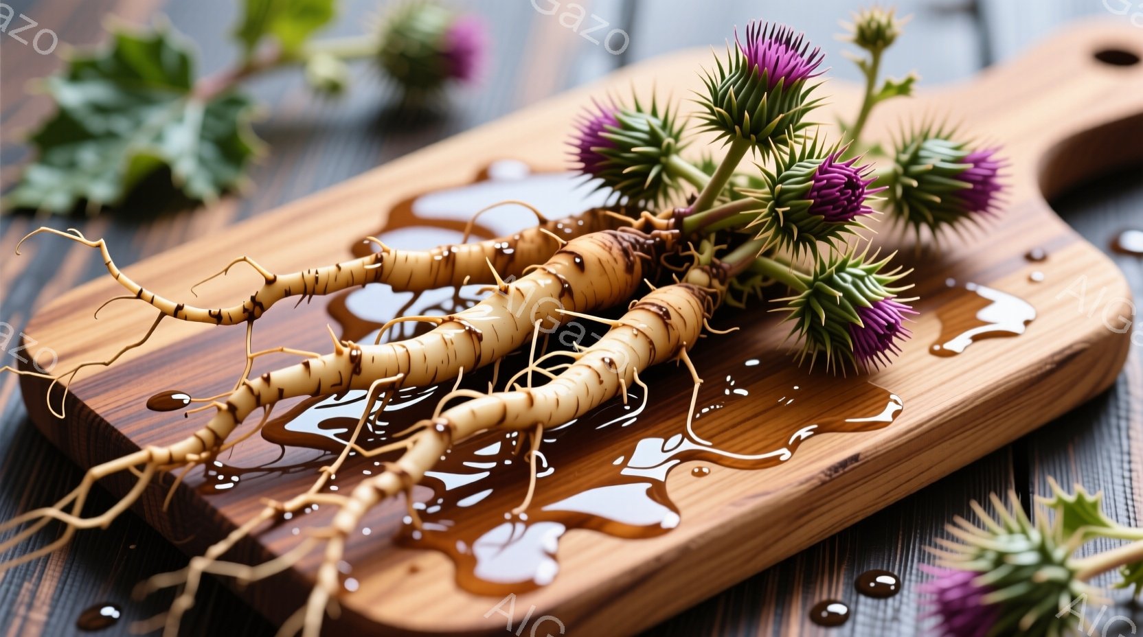 木のまな板の上に、泥だらけのタンポポの根と、紫色の花が置かれています。根は不規則な形をしており、土が付着したままです。背景は暗い木目で、全体的に自然で素朴な雰囲気です。 - AI生成フリー素材