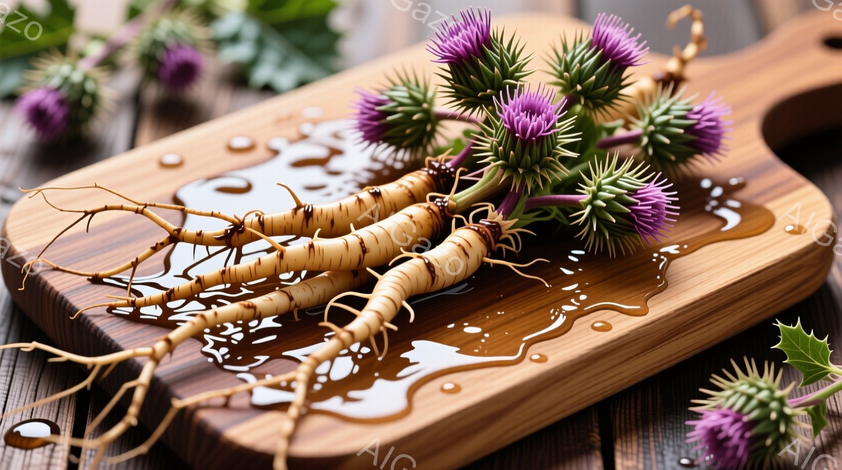 木のまな板の上に、アザミの根と花が置かれています。根は泥っぽく、花は鮮やかな紫色で、水滴が散らばっています。背景には木の板が見え、全体的に自然で素朴な雰囲気です。