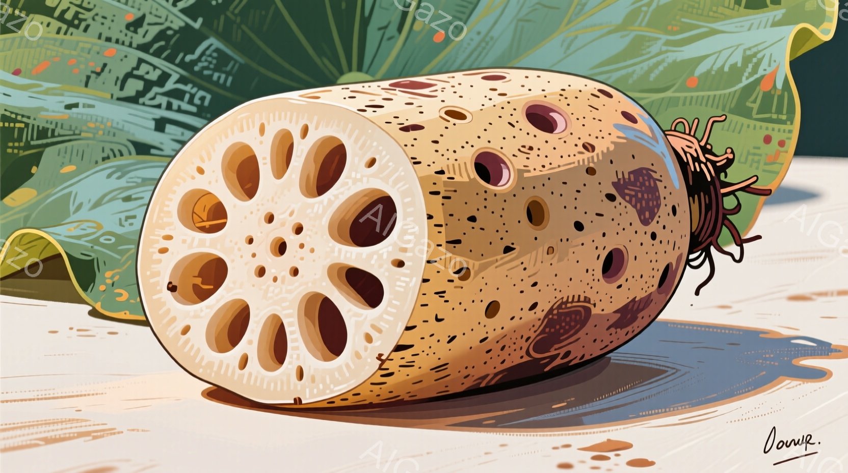 切り口から中身が見えるレンコンが描かれています。水が溜まったような地面に置かれ、その表面には無数の小さな穴が開いています。背景には緑色の植物がぼんやりと描かれており、全体的に湿った、自然を感じさせる雰囲気です。