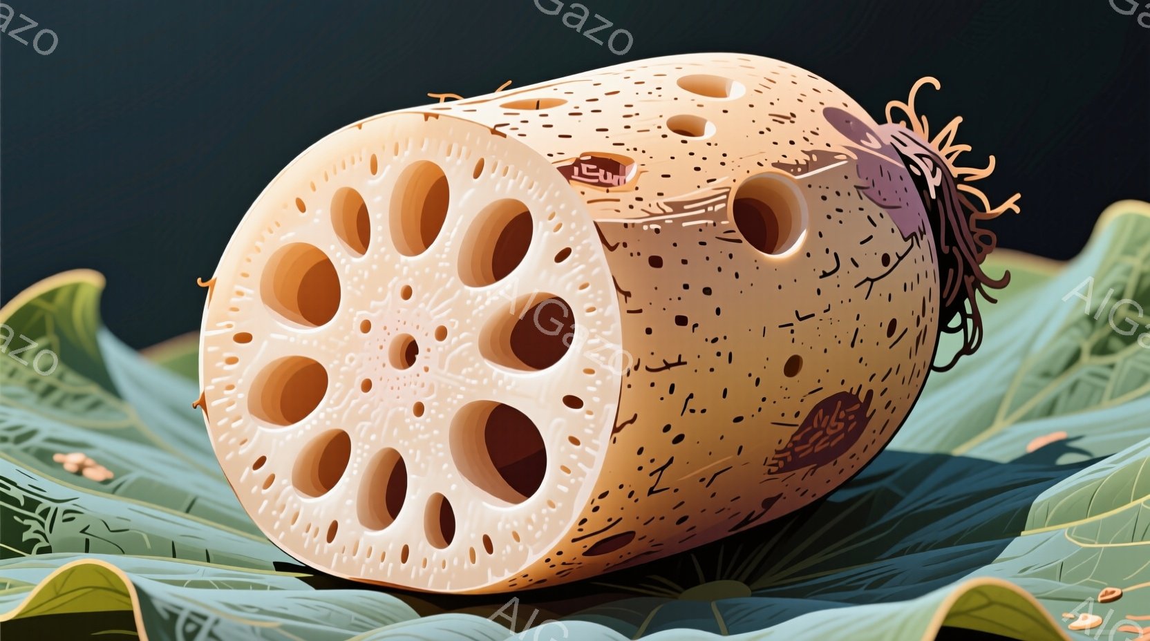 蓮根が、緑色の大きな葉の上に置かれています。蓮根は茶色い筋が入り、内部には多くの穴が開いており、断面がよく見えます。背景は暗く、葉の緑色が蓮根を引き立てています。