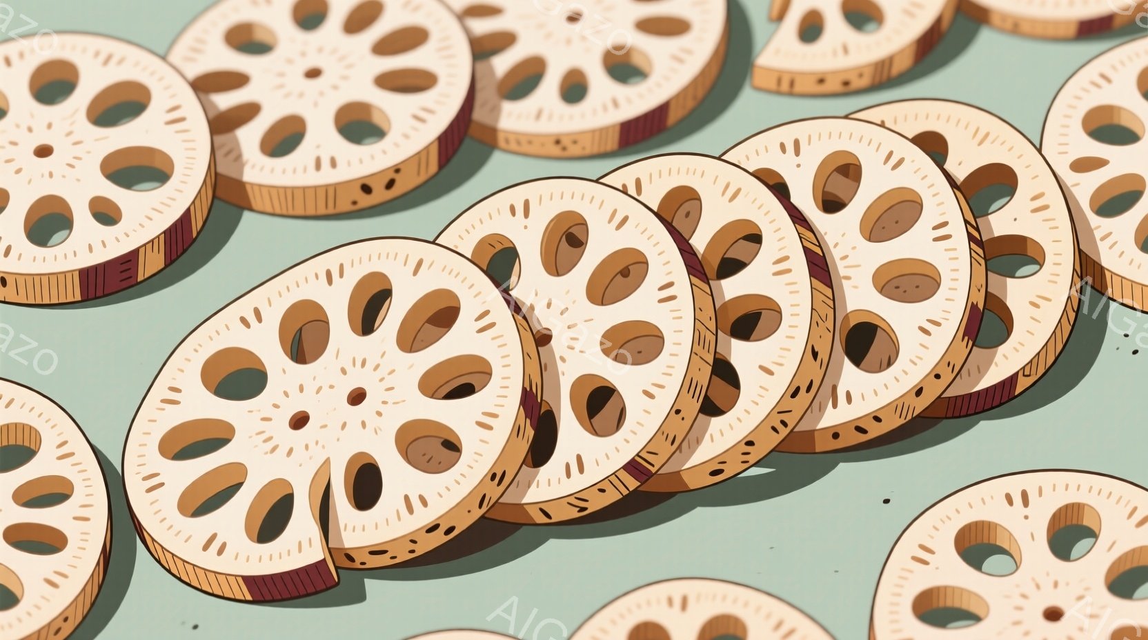 薄い水色の背景に、蓮根のスライスが規則的に並んでいます。蓮根は白く、内部の穴が特徴的で、オレンジ色の縁取りが施されています。全体的にシンプルで落ち着いた雰囲気で、まるでパターンデザインのように見えます。