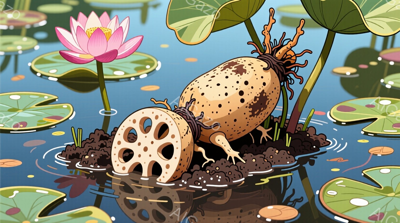 蓮の池に浮かぶ蓮根が描かれています。切られた蓮根は土が付着しており、水面に浮かぶ蓮の葉と赤い花に囲まれています。水面には波紋が広がり、静かで穏やかな雰囲気を醸し出しています。