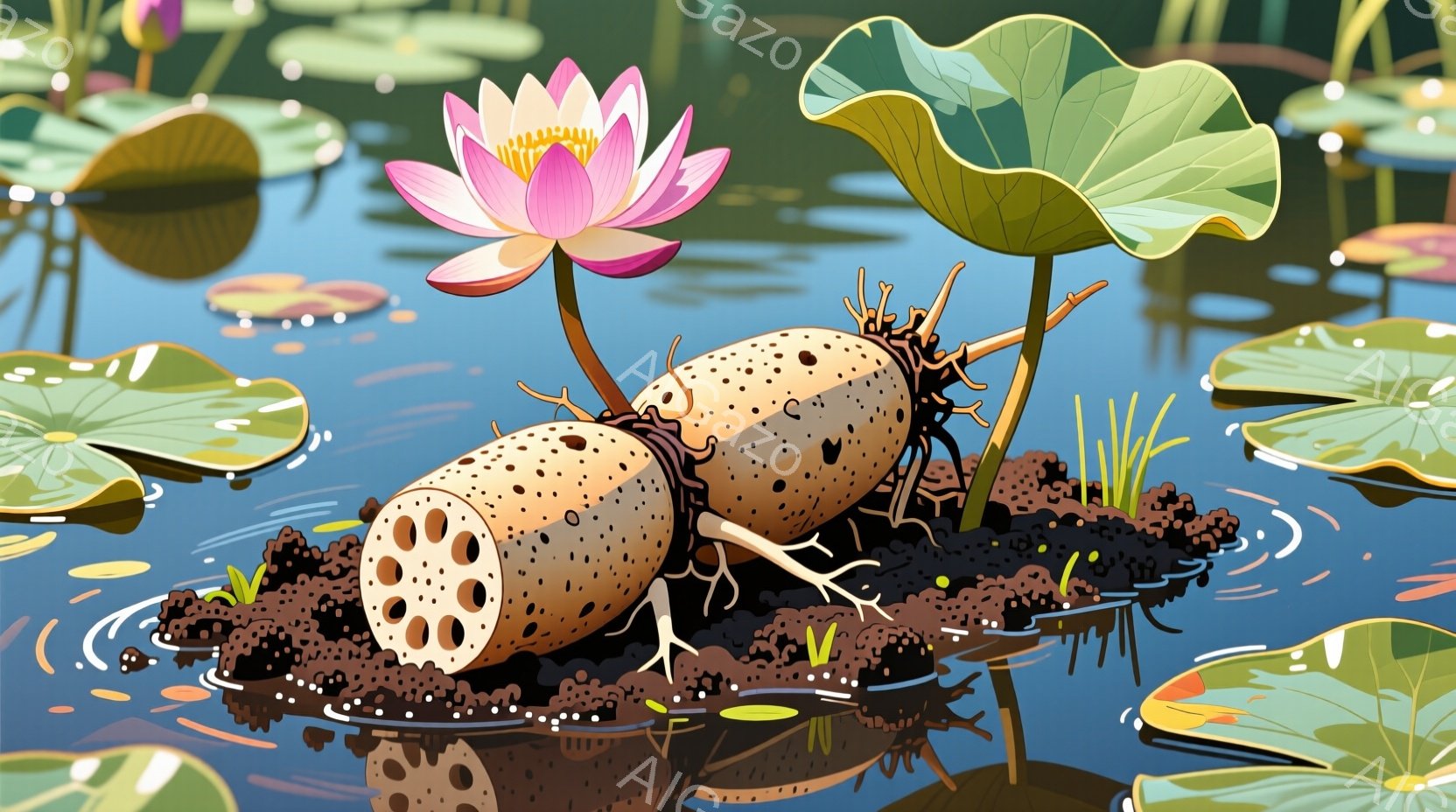 蓮の根（レンコン）が水面に浮かび、周囲には緑の蓮の葉が点在している。レンコンは泥と根に覆われており、その上にはピンク色の蓮の花が咲き誇っている。水面は穏やかで、全体的に静かで自然な雰囲気が漂っている。