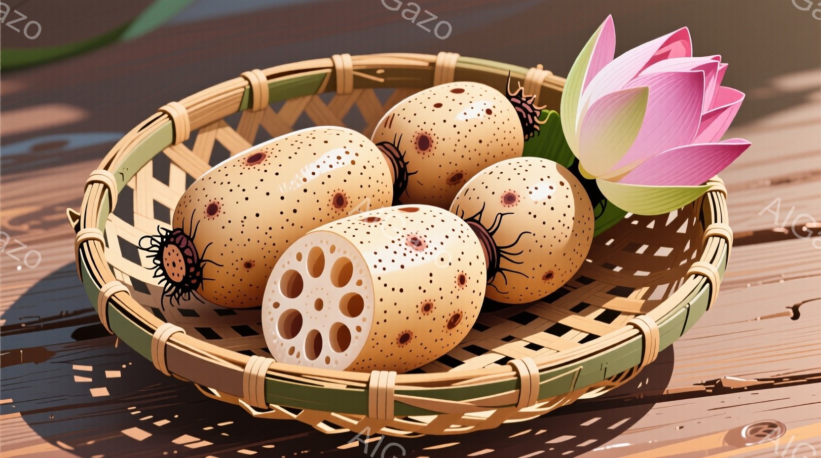 浅い竹籠の中に、蓮根が数個並べられています。蓮根は茶色と白のまだら模様で、根の部分が黒く絡みついており、新鮮で自然な印象を与えます。背景には木製のデッキが写り、籠の横にはピンク色の蓮の花が添えられ、静かで穏やかな雰囲気を醸し出しています。