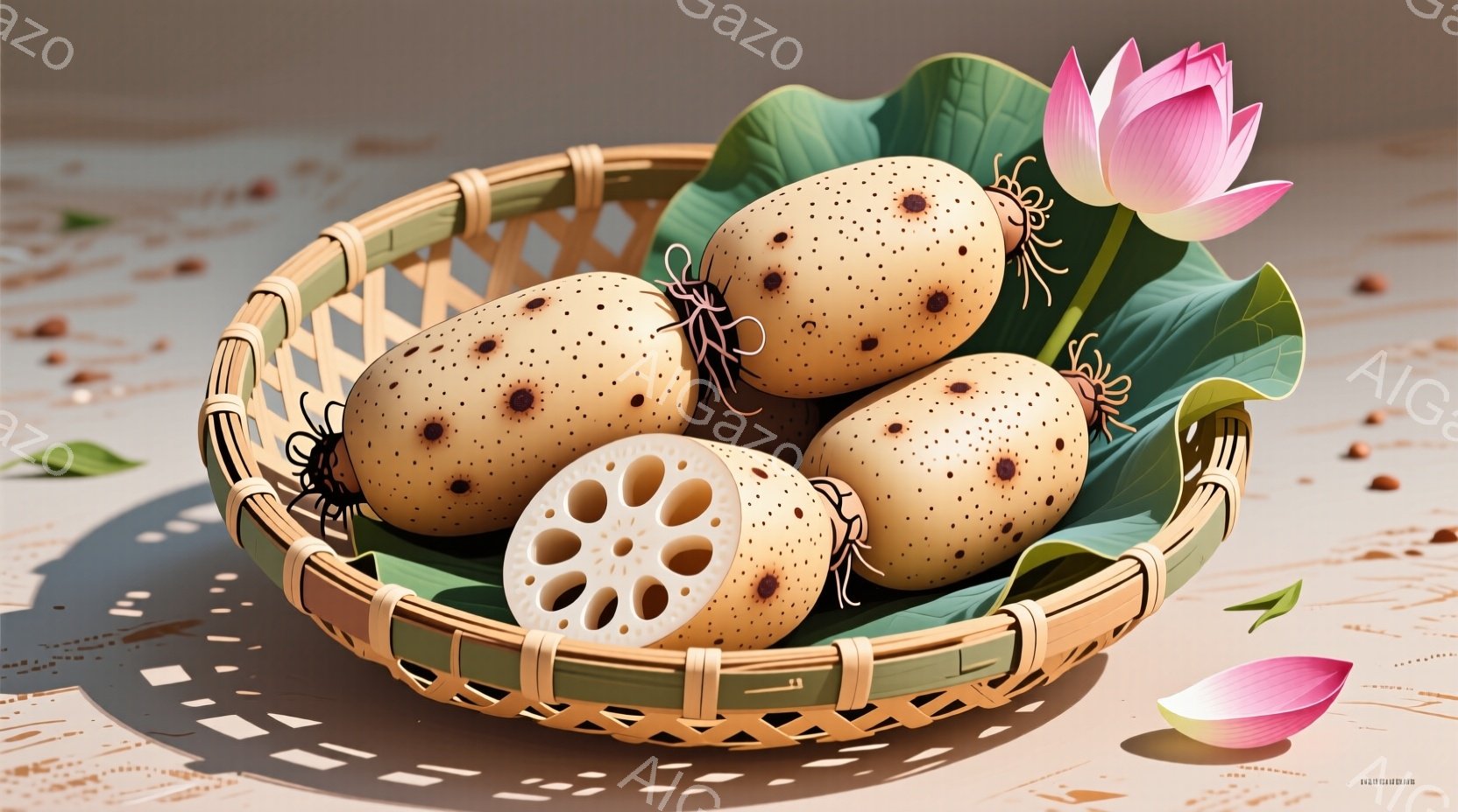 籐編みの籠の中に、蓮根がいくつか並べられています。一つは半分に切られており、断面が露出し、他の蓮根は土のような色合いで、根が絡み合っています。籠の周りには緑の蓮の葉が添えられ、ピンク色の蓮の花びらが数枚、籠の側面と下に散りばめられており、静かで自然な雰囲気を醸し出しています。