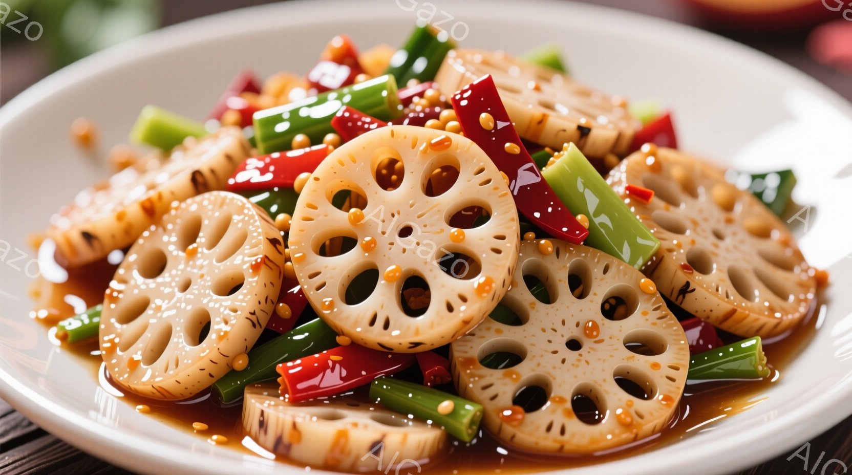 蓮根のスライスが美しく盛り付けられた料理の写真です。赤や緑の唐辛子、黒ごまが蓮根に彩りを添え、照りのある甘辛いタレが食欲をそそります。背景は木製のテーブルで、料理の温かさと素材の持ち味を強調しています。