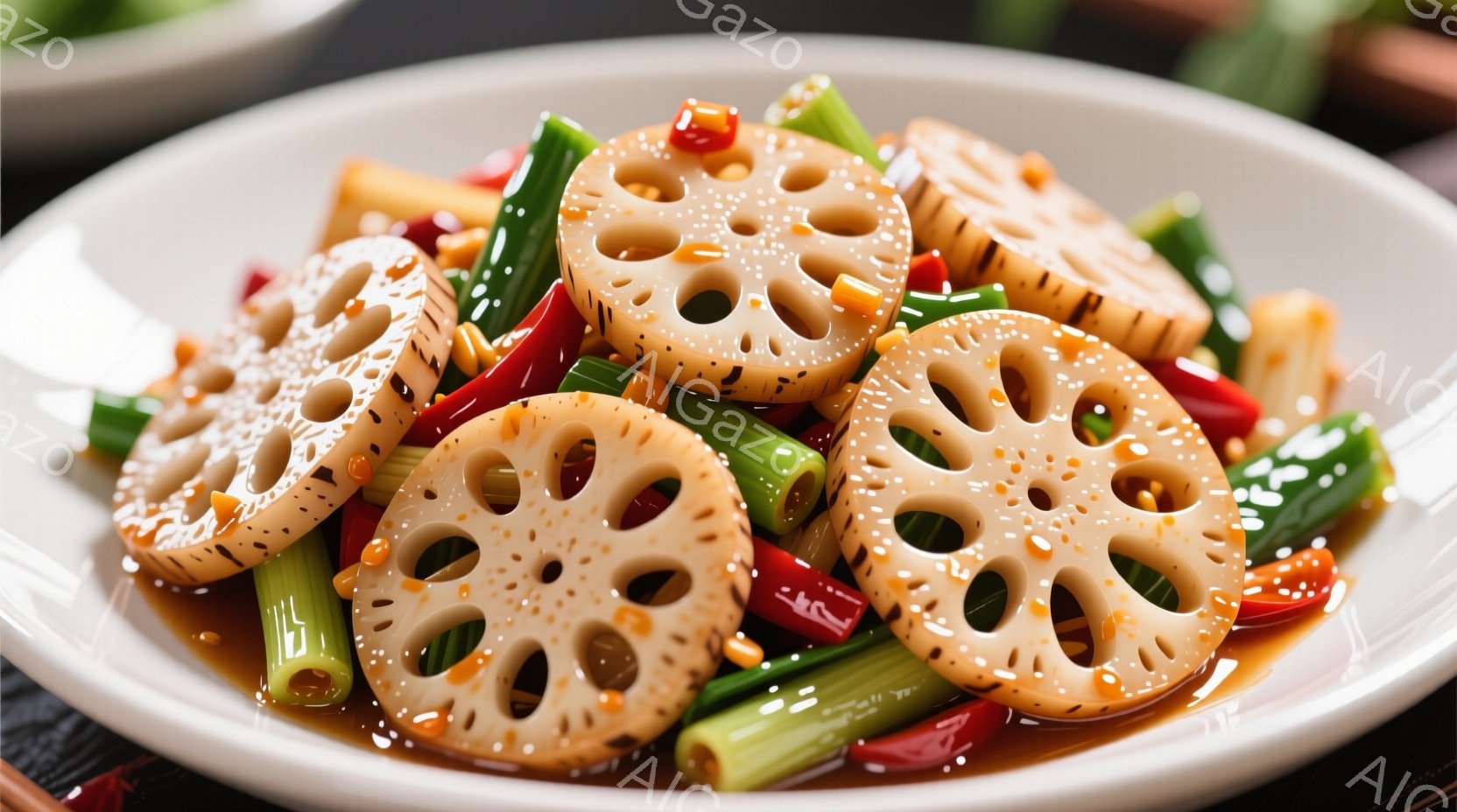 白い皿に、薄切りにされたレンコンが、赤色の唐辛子や緑色のネギなどと共に盛り付けられています。 レンコンは照りがあり、少し焦げ目がついている部分もあり、美味しそうに見えます。 全体的に、和風の、シンプルながらも食欲をそそる盛り付けです。