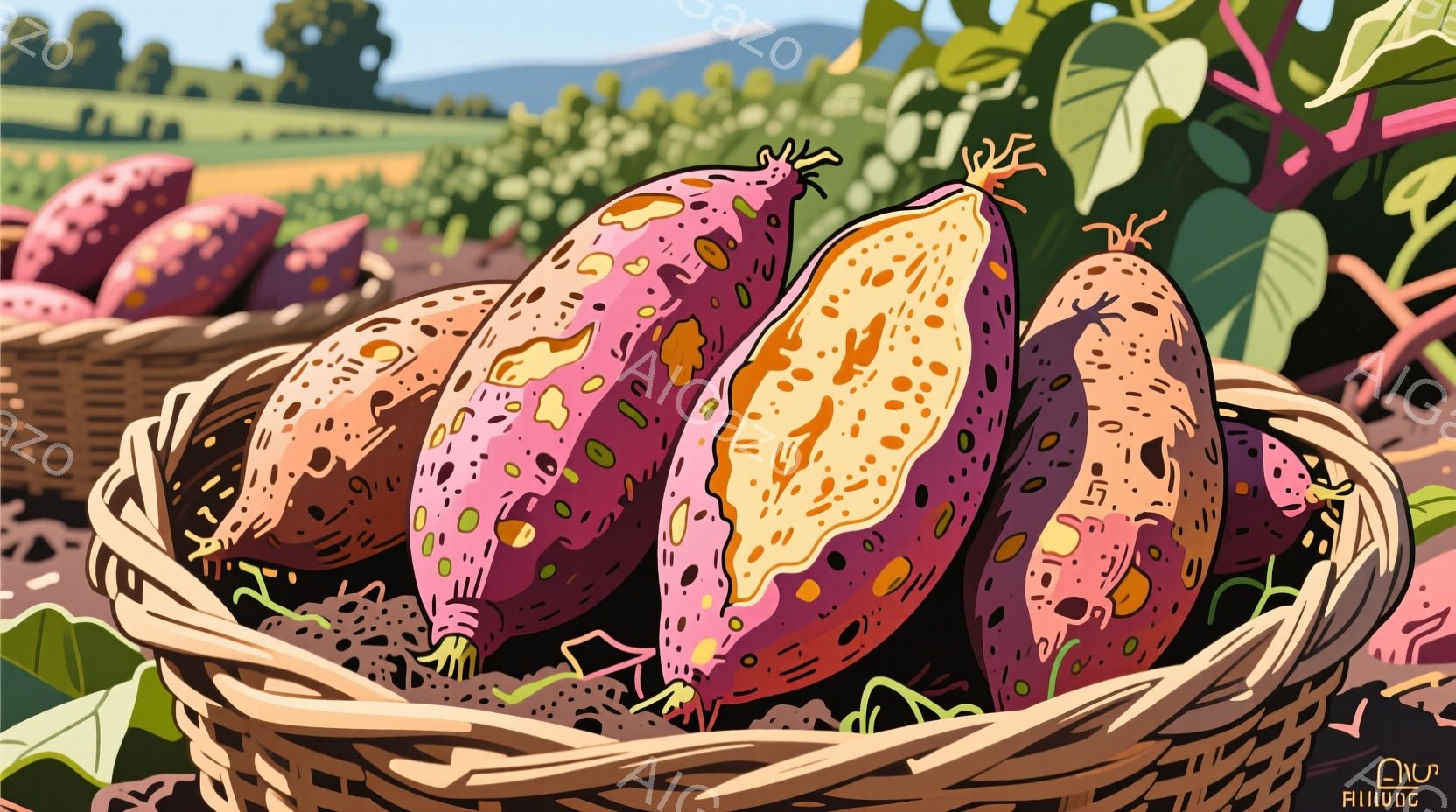 鮮やかな紫色のサツマイモが、わらで編まれたかごの中にぎっしりと詰まっています。一部は割られており、オレンジ色の果肉が露わになっています。背景には緑豊かな畑が広がり、穏やかな日差しが降り注ぐ、秋の収穫を思わせる雰囲気です。