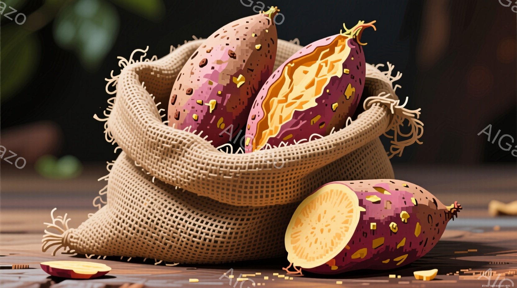 サツマイモが柳かごに入った状態で、いくつか切り開かれたものが添えられています。サツマイモは紫色と黄色のまだら模様があり、柳かごは複雑な編み込み模様で、素朴な雰囲気を醸し出しています。背景はぼやけた木製 - AI生成フリー素材