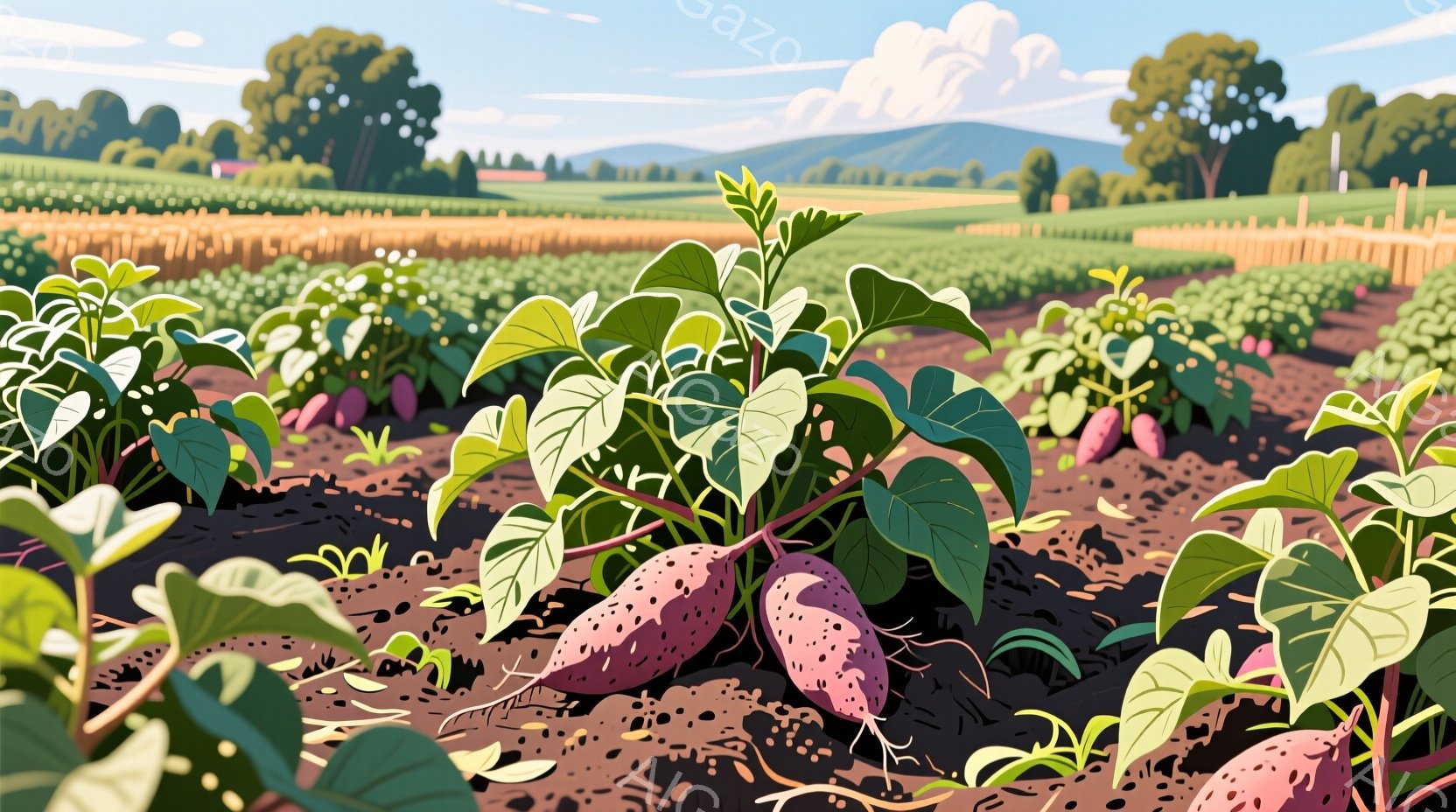 畑にはサツマイモが育っており、緑の葉と土から顔を出す赤い実が印象的です。背景には黄金色の麦畑が広がり、遠くには緑豊かな丘と青空が広がっています。全体的に明るく、穏やかな雰囲気で、収穫の喜びを感じさせる - AI生成フリー素材