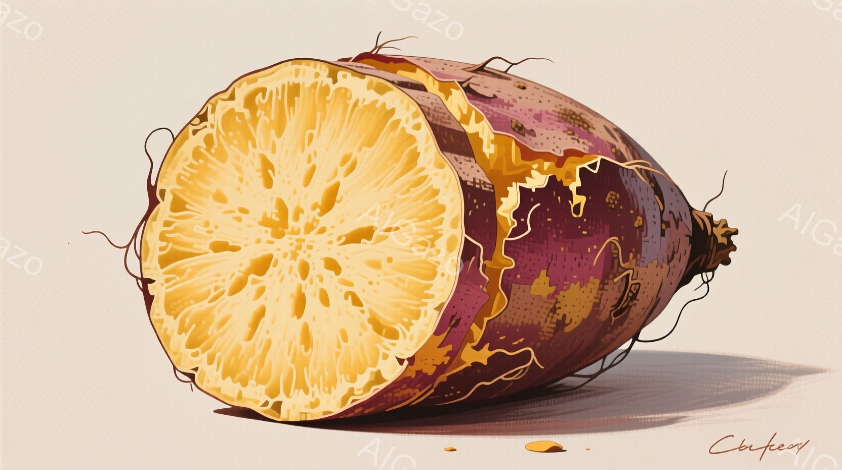 紫色の皮を持つダイコンが半分に切られており、鮮やかな黄色の断面が露わになっている。根の部分には細い根が何本か伸びており、滑らかな影が地面に落ちている。全体的に暖色系の色彩が使用され、静物画のような落ち着いた雰囲気が漂っている。