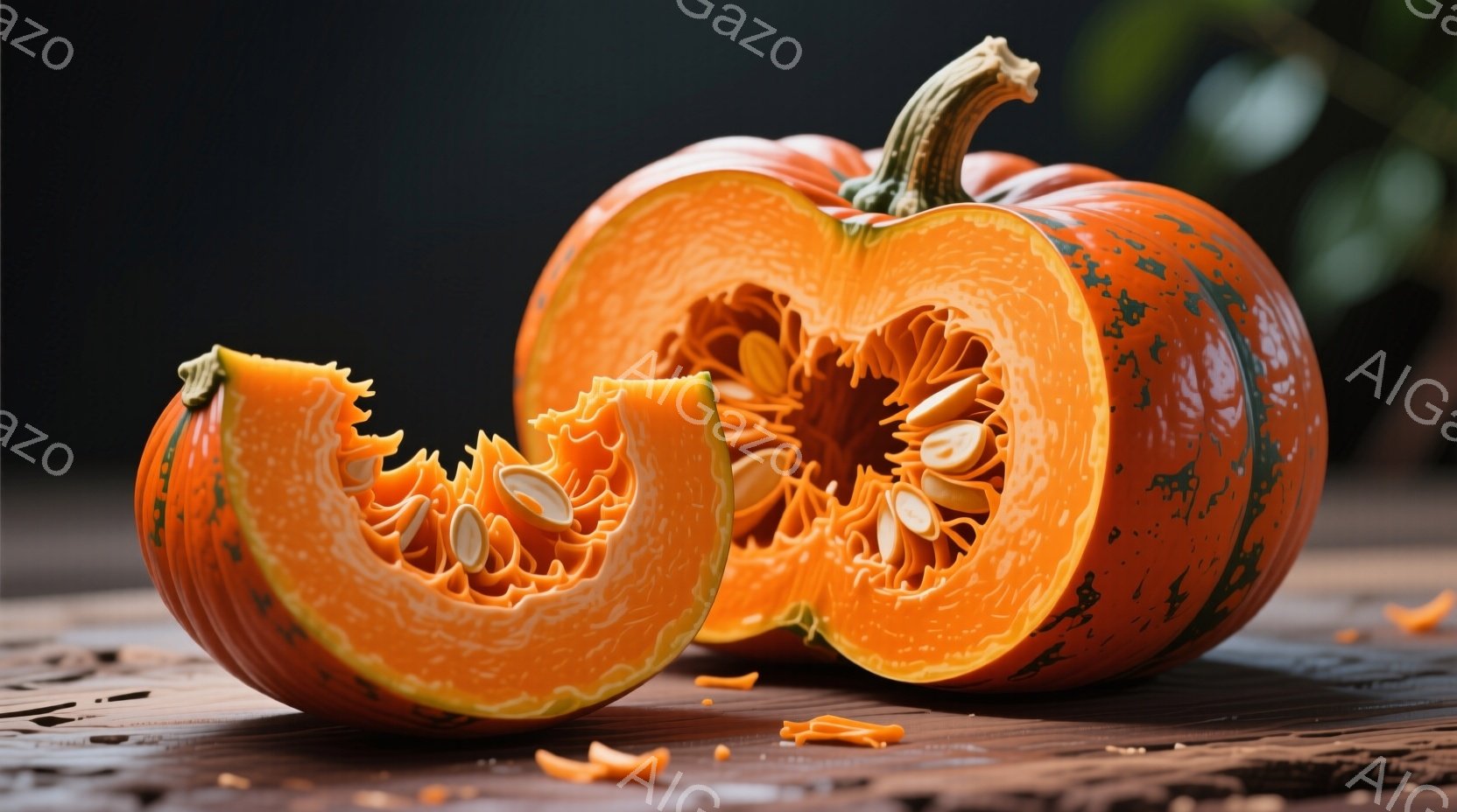 切り開かれた大きなカボチャが、茶色の木製のテーブルの上に置かれています。カボチャの断面からは、オレンジ色の種がぎっしりと詰まった内部が露出し、秋の収穫の季節を感じさせます。背景は暗く、カボチャの鮮やか - AI生成フリー素材
