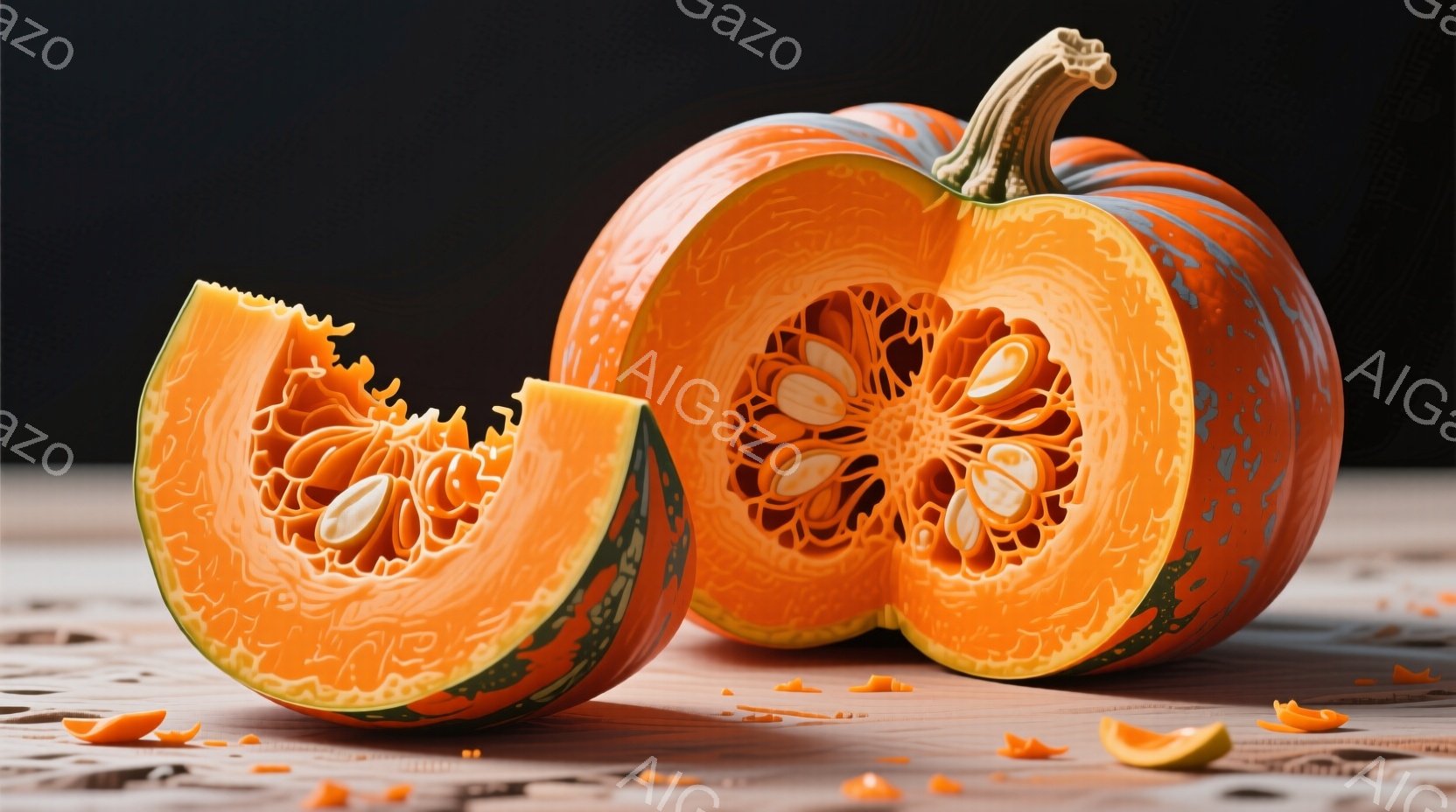 切り開かれたカボチャが、木製のテーブルの上に置かれている様子が写っている。鮮やかなオレンジ色の果肉が露出し、種が密集して並んでいる様子が詳細に捉えられている。背景は暗く、カボチャの鮮やかな色が際立っている。