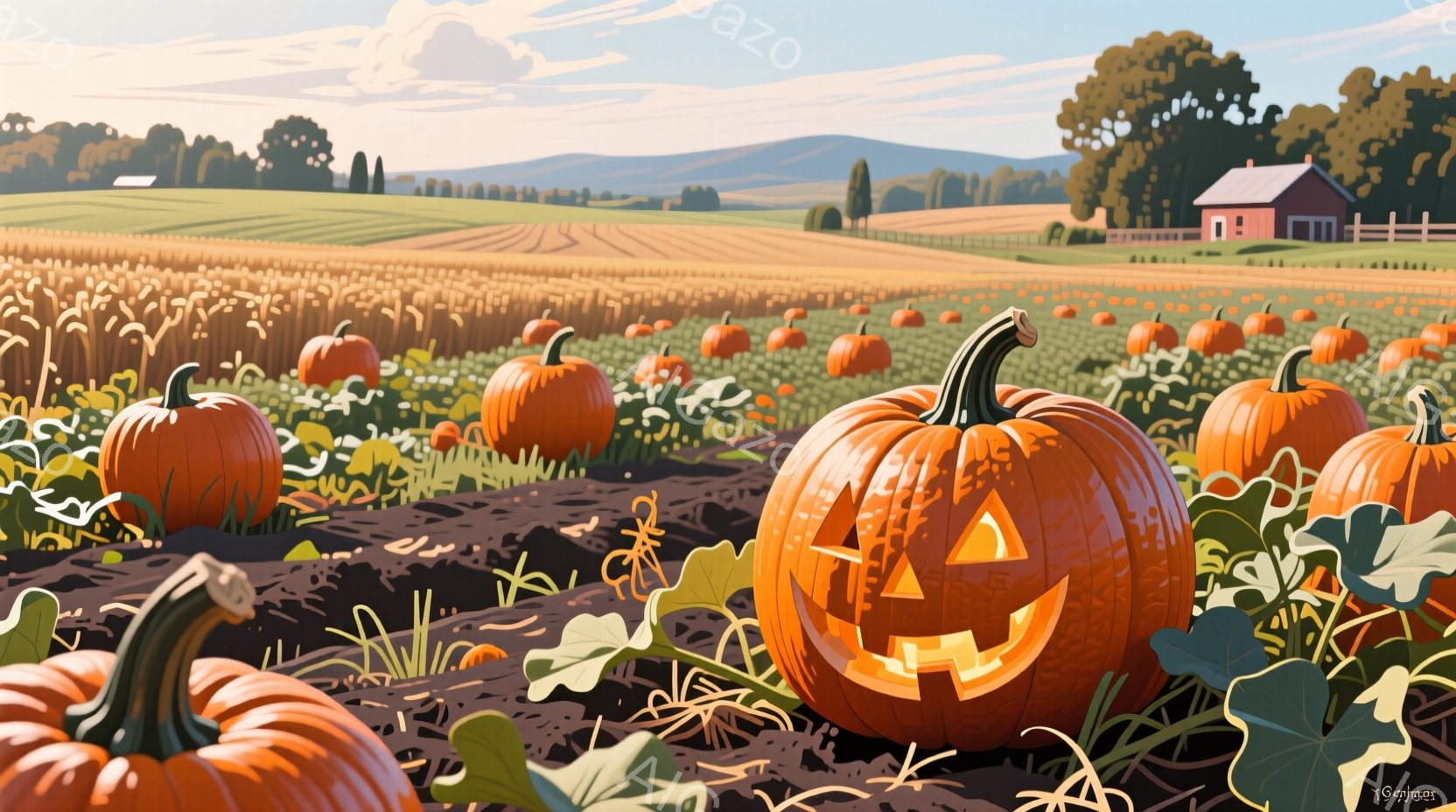 広大な畑には、たくさんのカボチャが実っています。手前のカボチャはハロウィンのために顔が彫られており、楽しげな表情をしています。背景には黄金色のトウモロコシ畑と、赤屋根の家が見え、秋晴れの穏やかな雰囲気を感じさせます。