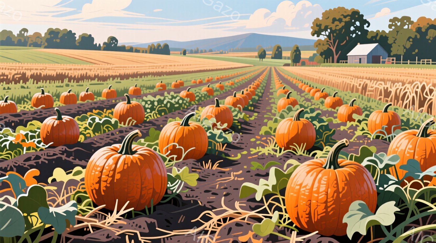 広大な畑には、オレンジ色のカボチャが整然と並び、緑色の葉と蔓がその間に広がっています。遠景には、茶色い屋根の農家と、黄金色のトウモロコシ畑が見え、穏やかな日差しが秋の風景を照らしています。全体的に、静 - AI生成フリー素材