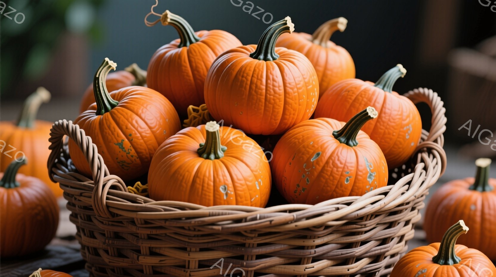 籠の中に、たくさんのオレンジ色のカボチャがぎっしりと詰まっています。カボチャはそれぞれヘタを持ち、表面には濃淡や小さな斑点が見られます。背景は暗く、木製のテーブルの上に籠が置かれている様子から、秋の収穫を思わせる暖かく素朴な雰囲気です。