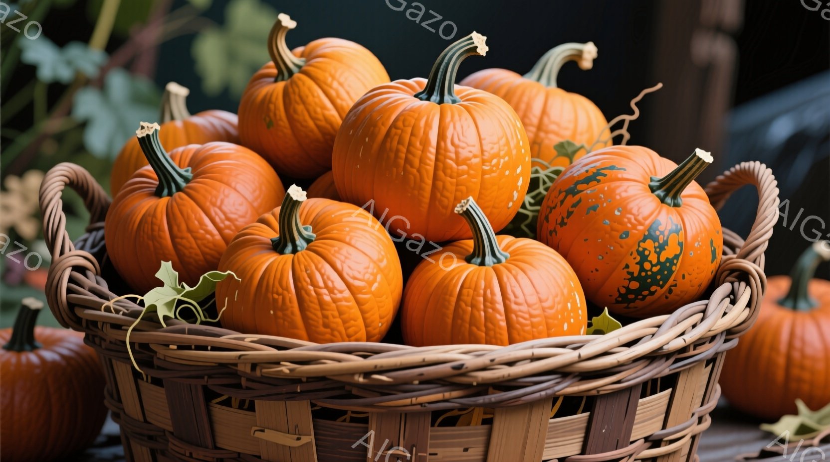 籠の中に、オレンジ色のカボチャがぎっしりと詰め込まれています。葉っぱがいくつかカボチャの間から覗いており、その色合いが秋の季節感を強調しています。背景は暗く、カボチャの鮮やかな色が際立っており、暖かく - AI生成フリー素材