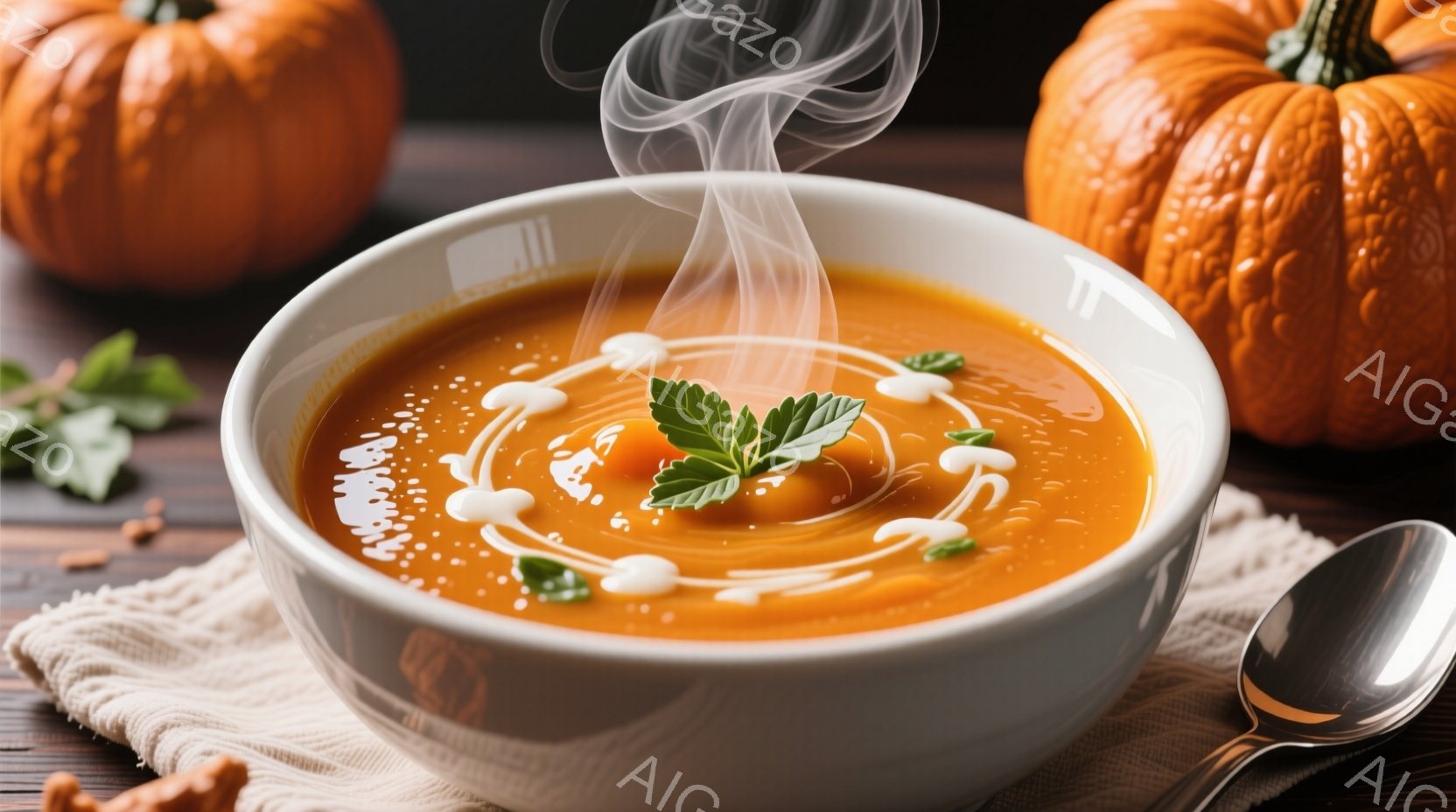 白い器に、オレンジ色のスープが湯気を上げている。器の中央にはパセリが飾られ、スープの表面には白いクリームが渦巻き状に描かれている。背景には、ハロウィンを連想させるカボチャが２つと、自然な風合いの布が敷かれている。