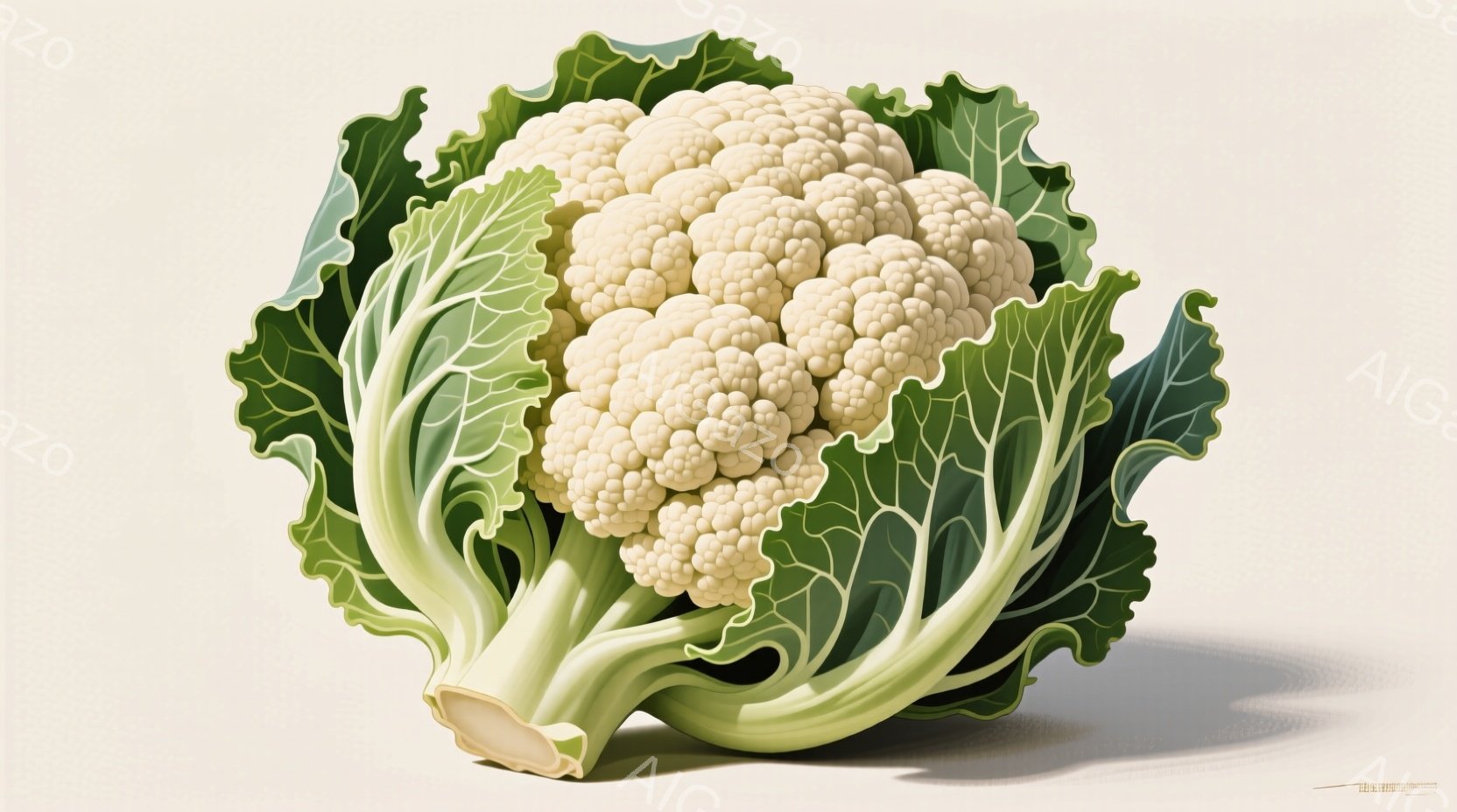白いカリフラワーが、緑色の葉に囲まれて描かれています。カリフラワーの表面は細かい蕾で覆われ、葉は鮮やかで力強く、生き生きとした印象を与えます。全体的に淡いベージュ色の背景に置かれ、影が薄く落ちており、 - AI生成フリー素材