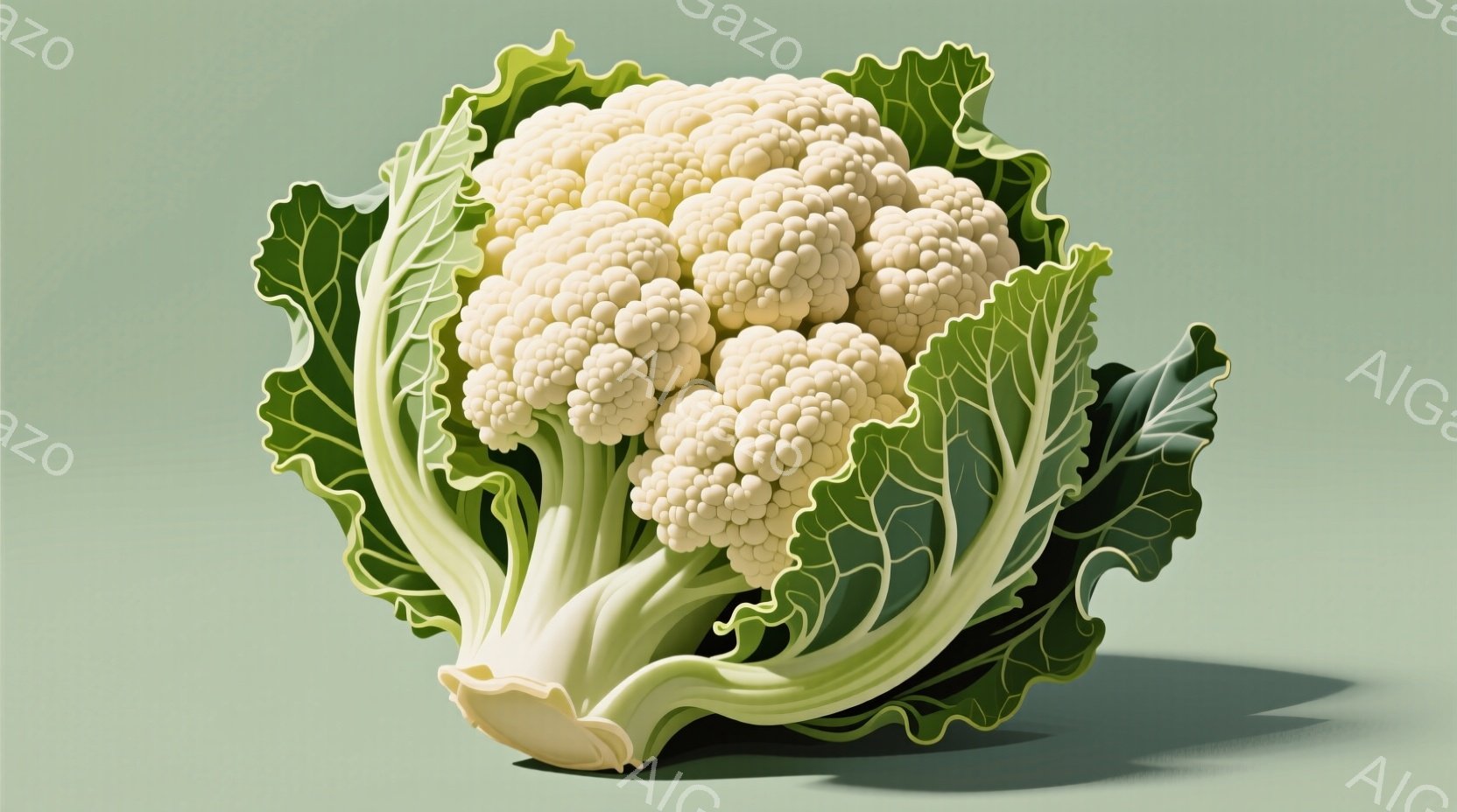 鮮やかな緑色の背景に置かれたカリフラワーのクローズアップです。カリフラワーは白く、密集した花蕾が特徴で、緑の葉が周囲を取り囲んでいます。影が落ちており、立体感が強調されています。 - AI生成フリー素材