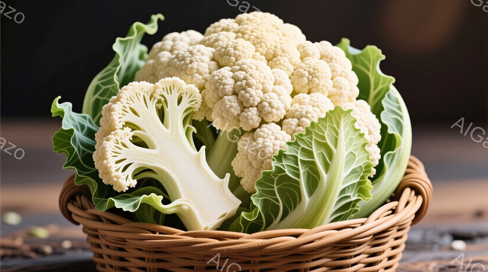 籠の中に、白くてフワフワとしたカリフラワーが大きく盛り込まれています。カリフラワーの周りには緑色の葉が広がり、鮮やかなコントラストを生み出しています。背景は木製のテーブルで、暖かみのある雰囲気が漂っています。