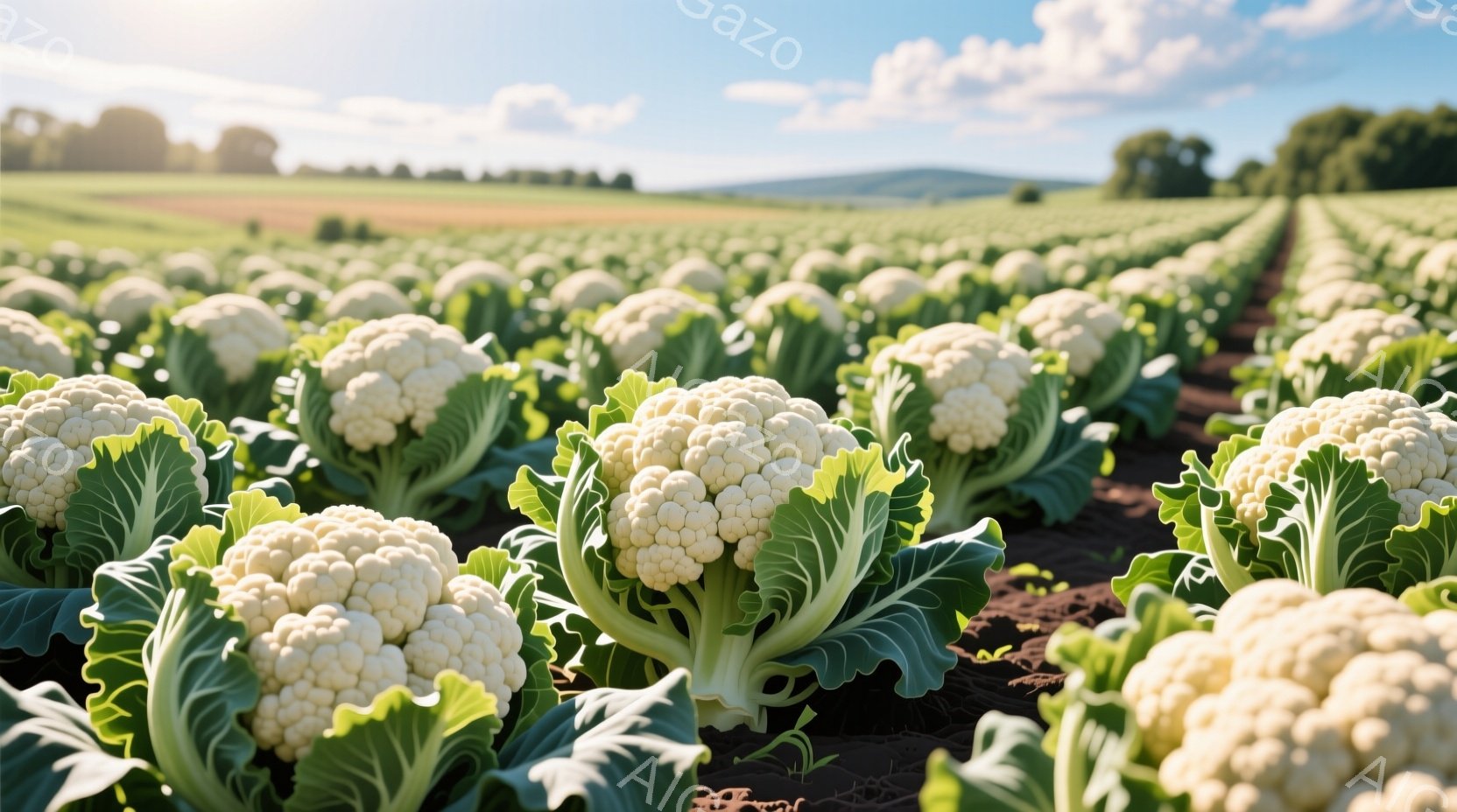 広大な畑一面にカリフラワーが密集して咲き誇っている様子が捉えられています。日差しが柔らかく、カリフラワーの白さと緑の葉のコントラストが鮮やかで、背景には遠くの丘陵地帯と青空が広がっています。全体的に穏 - AI生成フリー素材