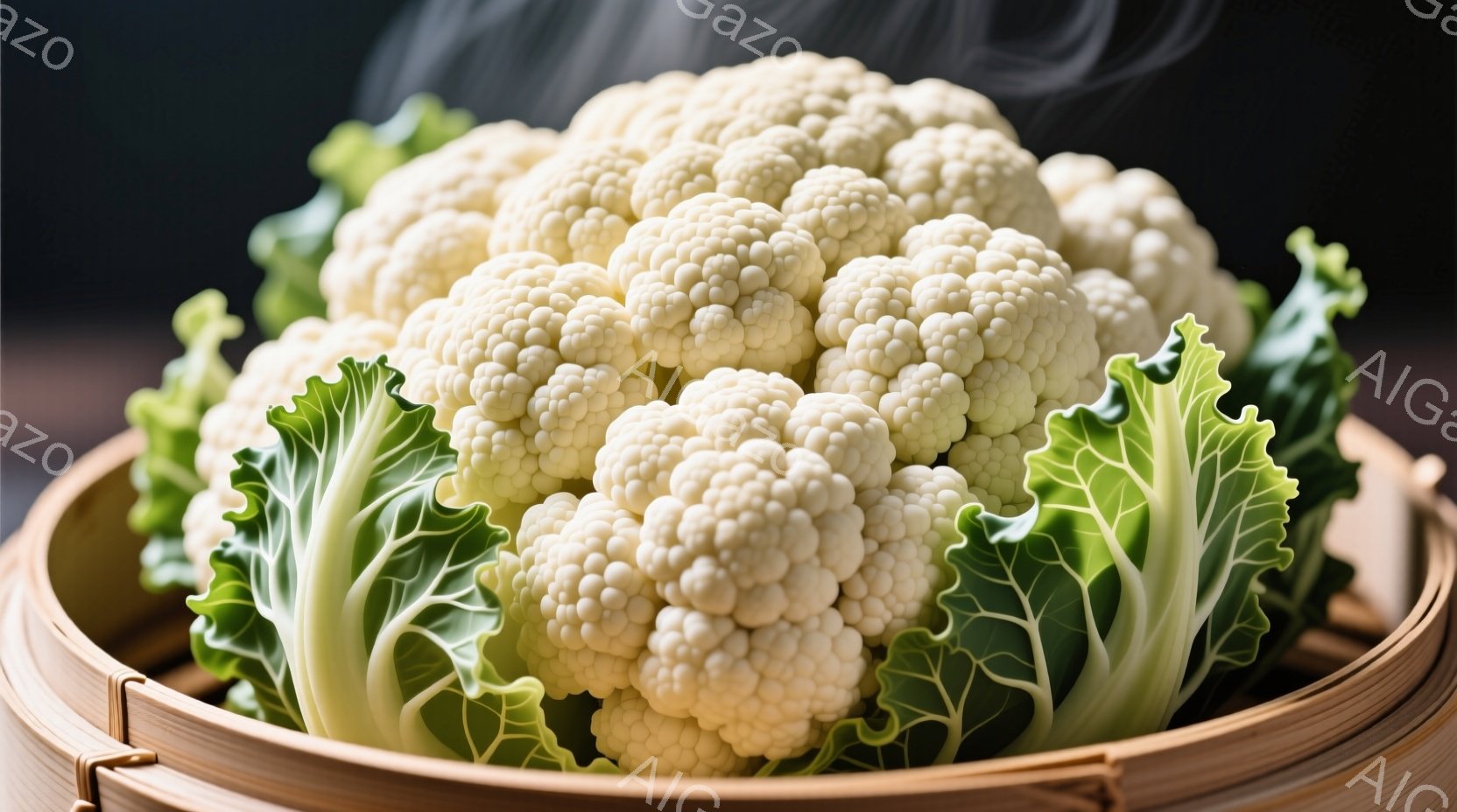 白いカリフラワーが蒸し器に入っており、緑色の葉が周りに広がっています。蒸気によって煙のようなものが漂い、カリフラワーはとても新鮮で美味しそうに見えます。背景は暗く、カリフラワーが際立っています。