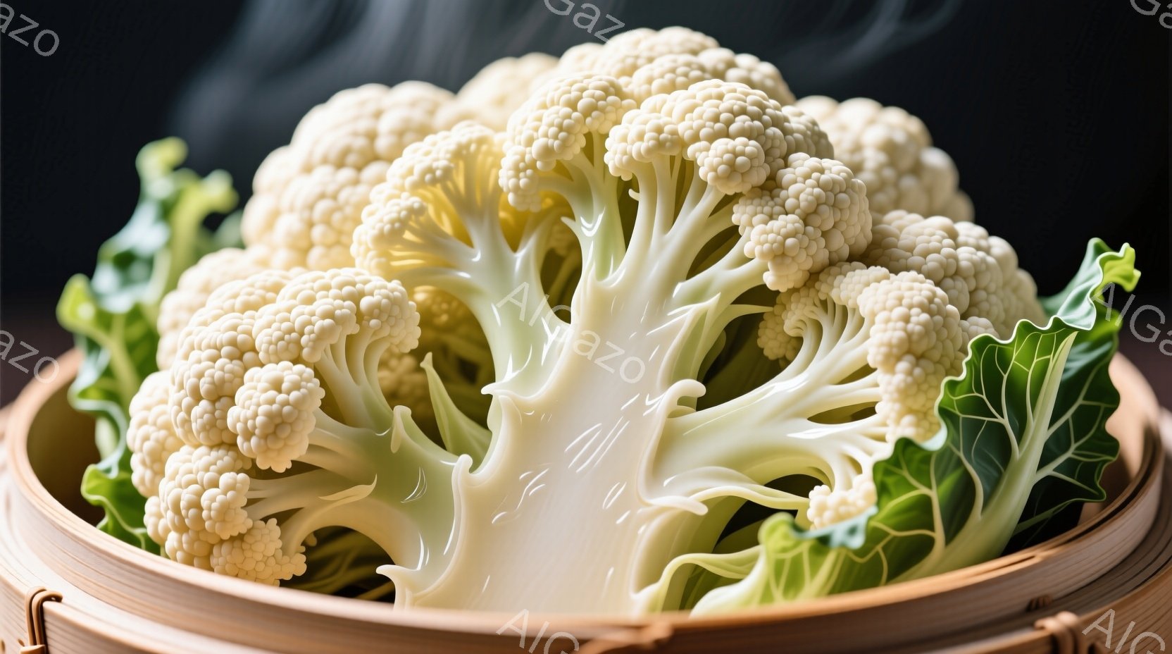 白いカリフラワーが竹製の蒸し器に盛られています。カリフラワーは、密集した花蕾が特徴で、鮮やかな緑色の葉に囲まれています。背景は暗く、カリフラワーが際立っており、蒸し料理の準備や食卓のシーンを連想させま - AI生成フリー素材