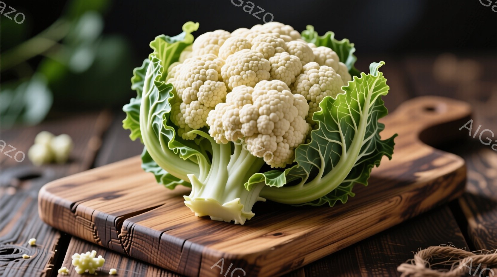 鮮やかな緑色の葉に包まれた白いカリフラワーが、木製のボードの上に置かれています。ボードは、より暗い木製の表面の上に重ねられており、全体的に暖かく素朴な雰囲気です。背景は暗く、焦点はカリフラワーとボードに絞られています。