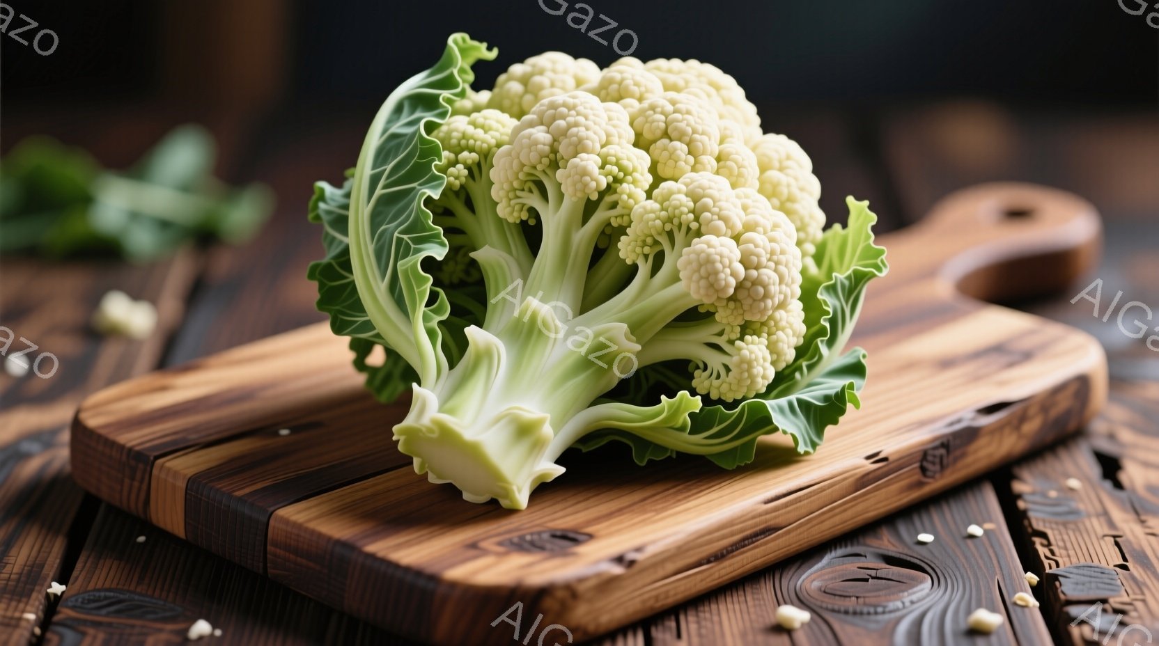 濃い木製のカッティングボードの上に、緑と白のカリフラワーが置かれています。ボードは木目調で、カリフラワーの鮮やかな色彩とコントラストをなしています。背景は暗い木製のテーブルで、いくつかの小さな白い粒が - AI生成フリー素材