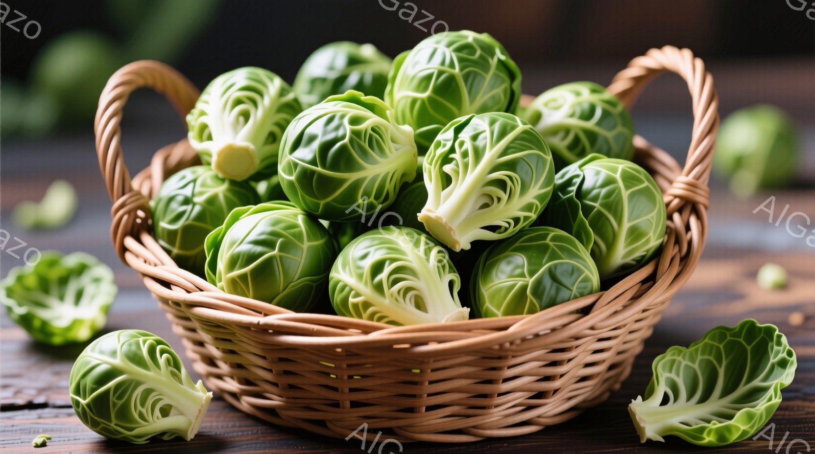 籠の中にたくさんの芽キャベツが並べられています。深緑色の葉は鮮やかで、一部は籠からこぼれ落ちています。背景は木製のテーブルで、全体的に自然で素朴な雰囲気が漂っています。 - AI生成フリー素材