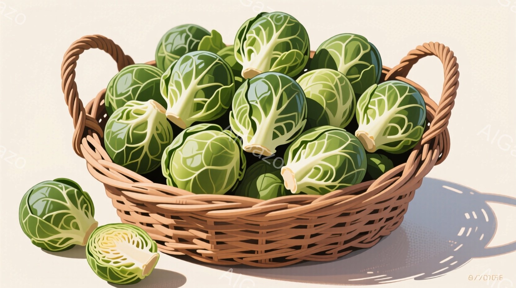 籠の中にキャベツの蕾がたくさん詰まっています。蕾は緑色で、葉脈がはっきりと見え、新鮮さを感じさせます。背景は明るいベージュ色で、影が柔らかく、全体的に穏やかで素朴な雰囲気を醸し出しています。 - AI生成フリー素材