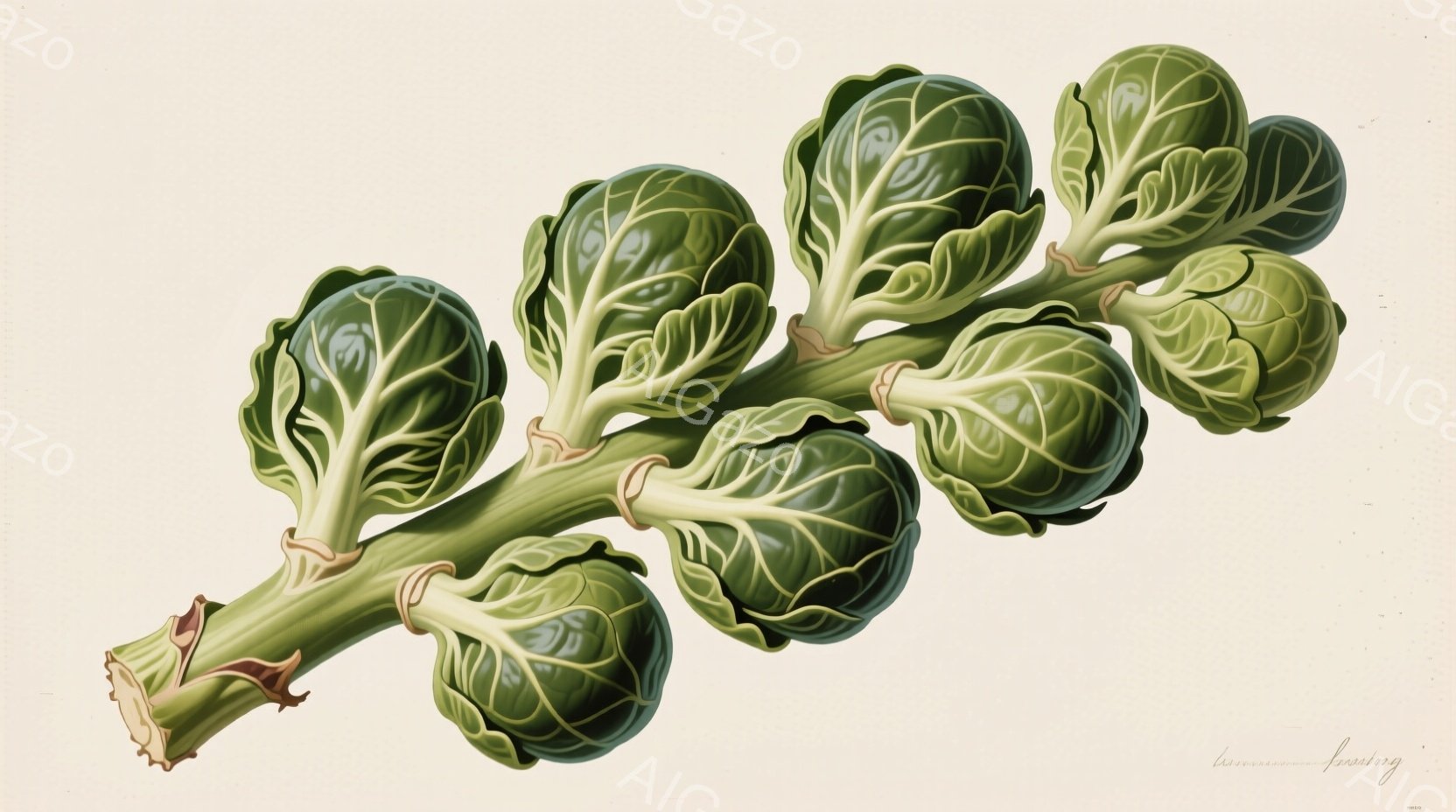 茎に沿って並んだたくさんの芽キャベツを描いたものです。キャベツは緑色と黄色のグラデーションで表現され、葉脈が細かく描き込まれています。背景は淡い色調で、キャベツが際立つように強調されています。