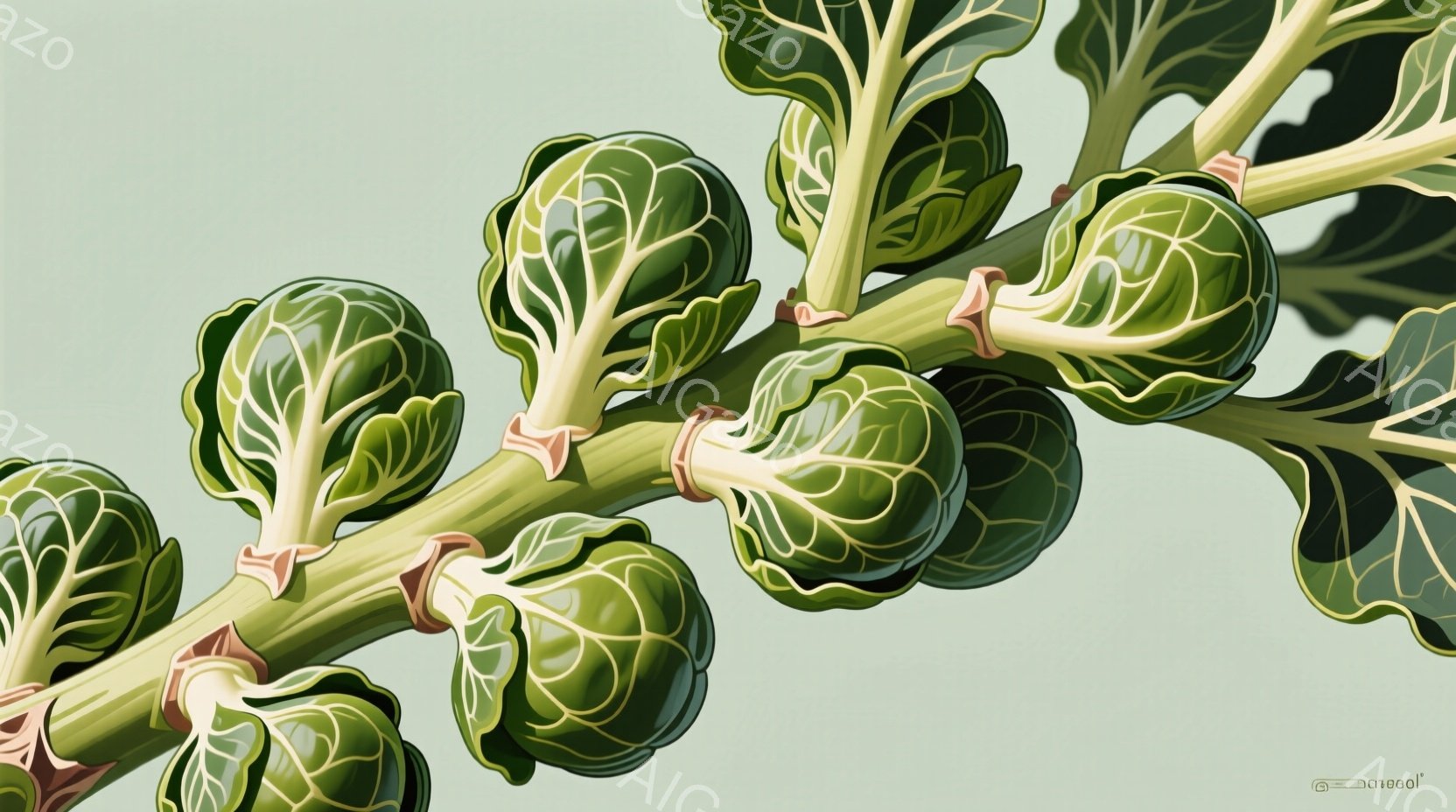 緑色の芽キャベツの茎が写っています。明るい緑色の葉がらせん状に茎に沿って配置され、それぞれが丸みを帯びた形状をしています。背景は淡い緑色で、キャベツが際立っています。