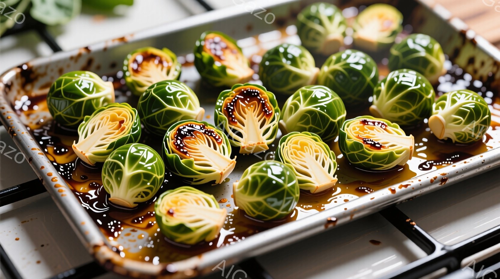 焼き上がった芽キャベツが銀色の天板に並べられています。それぞれの芽キャベツは焦げ目がついており、葉の部分は少しカールしていて、外側は緑色、内側は茶色をしています。天板には焼き汁が残り、背景には黒いコン - AI生成フリー素材