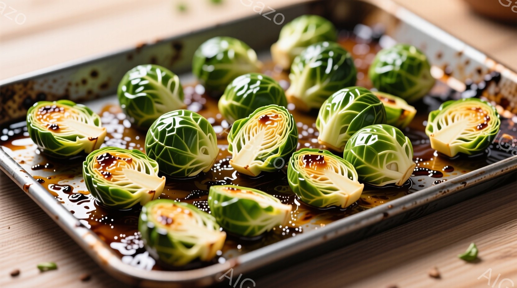 焼き色が少しついた芽キャベツが金属製の天板に並べられています。キャベツは緑色と茶色のグラデーションで、表面には小さな斑点が見られます。背景は木製のテーブルで、全体的に暖かく食欲をそそる雰囲気です。 - AI生成フリー素材