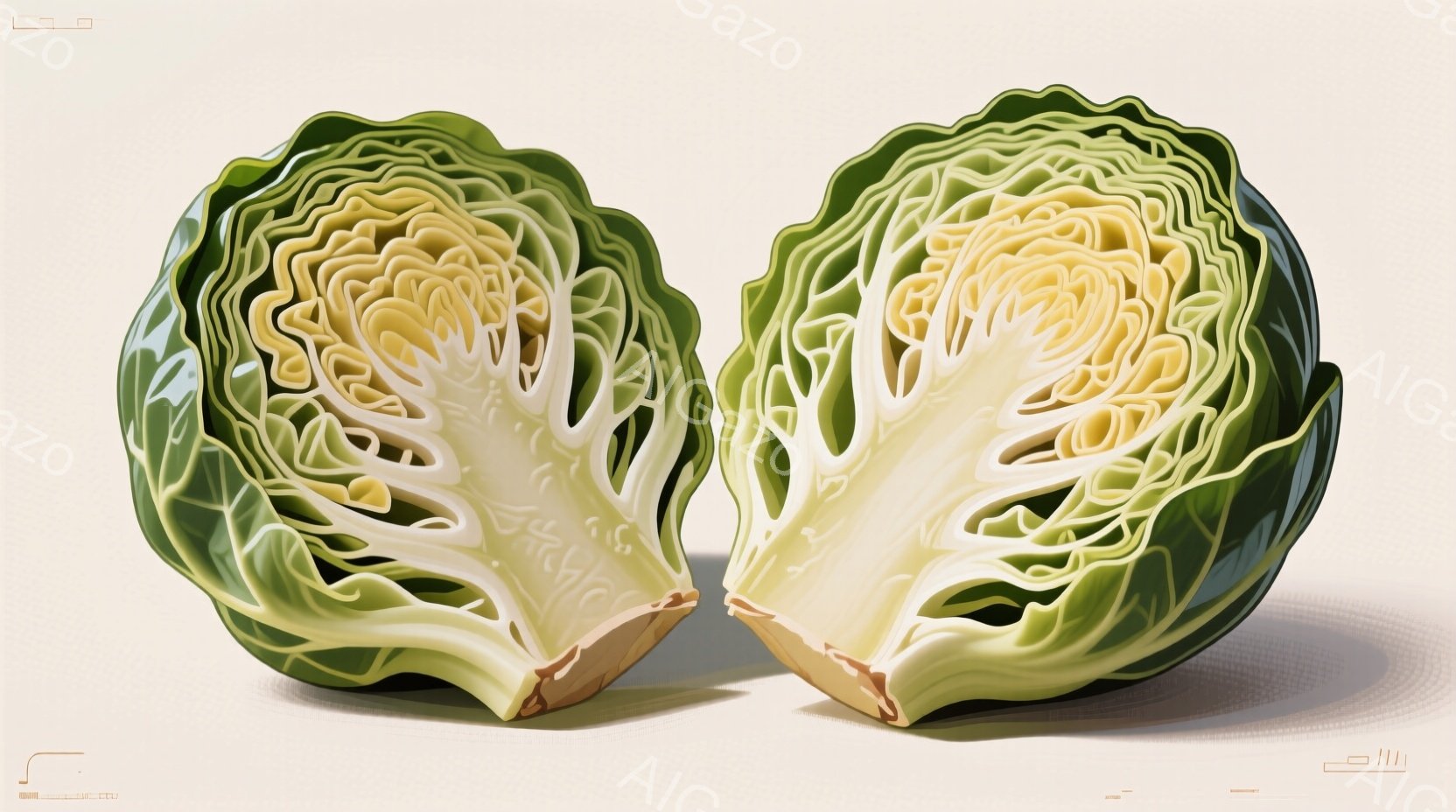 鮮やかな緑色のキャベツが半分に切られて配置されている。キャベツの内部は白く、葉脈が繊細に広がっており、まるで幾何学模様のようである。背景は薄いベージュ色で、キャベツのコントラストが際立っている。
