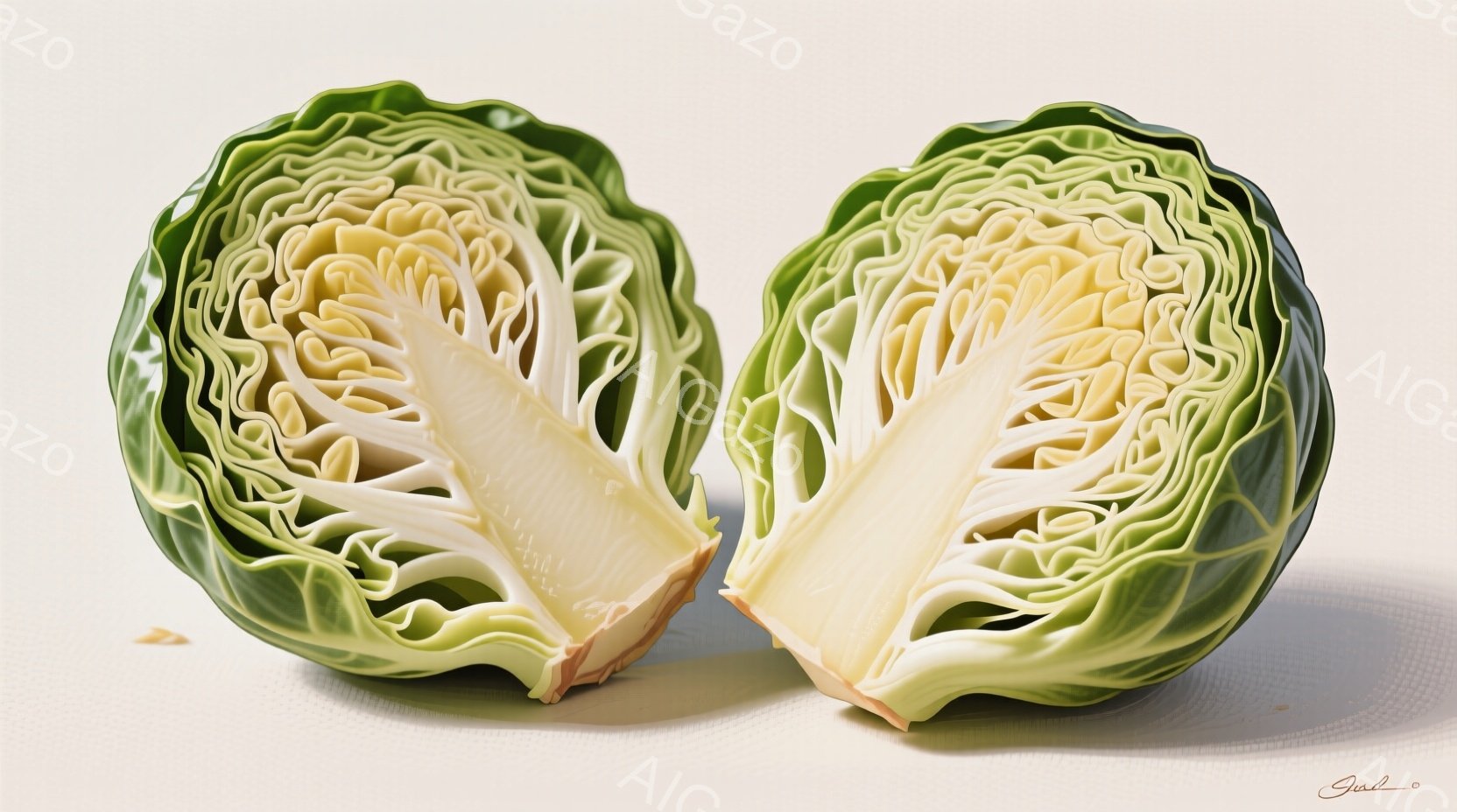 切り開かれたキャベツの断面が2つ、白い背景に並んでいます。キャベツの葉は鮮やかな緑色と白色の層になっており、その内部構造が複雑に表現されています。全体的にクリーンでミニマルな印象を与え、自然の美しさを際立たせています。