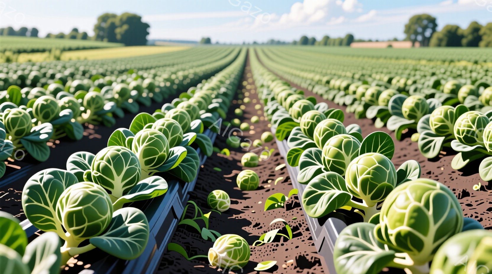 等間隔に並んだ芽キャベツ畑が、視界いっぱいに広がっている。黒いマルチフィルムが敷かれた畝が遠くまで続き、緑色のキャベツが規則正しく並んでいる様子は、整然とした美しさを感じさせる。遠景には木々が見え、晴れた空の下、穏やかな雰囲気が漂っている。