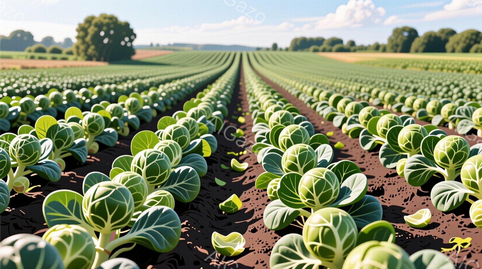 広大な畑には、芽キャベツが整然と並んで植えられています。背景には緑豊かな木々と、穏やかな晴天が広がっており、土の色とキャベツの緑色が鮮やかです。全体的に、平和で収穫の予感がする、穏やかな雰囲気の風景写 - AI生成フリー素材