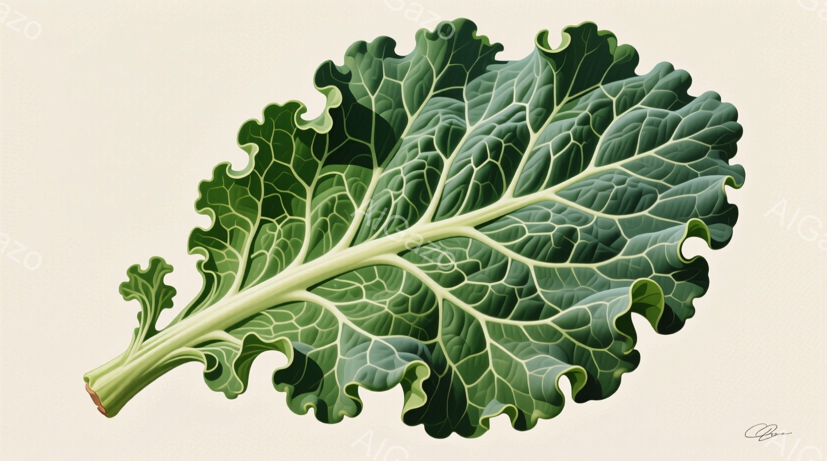 鮮やかな緑色のケールの葉が、白い背景に浮かび上がっています。葉脈が繊細に表現され、葉の縁はギザギザとした独特の形をしています。光の当たり方によって葉の表面に陰影が生まれ、立体感が強調されています。 - AI生成フリー素材