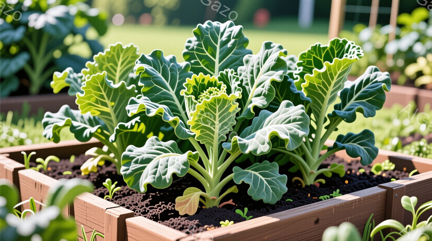 木製のプランターに植えられたキャベツのような緑色の葉野菜が写っています。土は黒く、葉は鮮やかな緑色で、成長の過程にあるように見えます。背景はぼやけていますが、他の植物や自然の緑が確認でき、穏やかで平和 - AI生成フリー素材