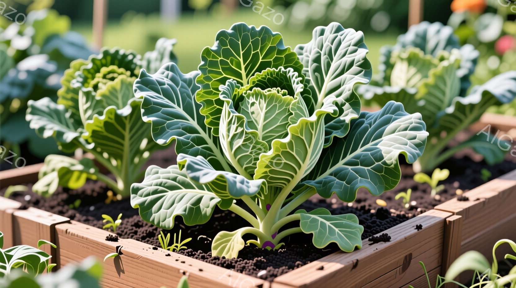 庭の菜園の木製のプランターの中に、鮮やかな緑色のキャベツが成長している様子が写っている。土は黒く、植物は生き生きとしており、キャベツの葉は複雑な模様をしている。背景には他の植物が見え、全体的に穏やかで自然な雰囲気が漂っている。