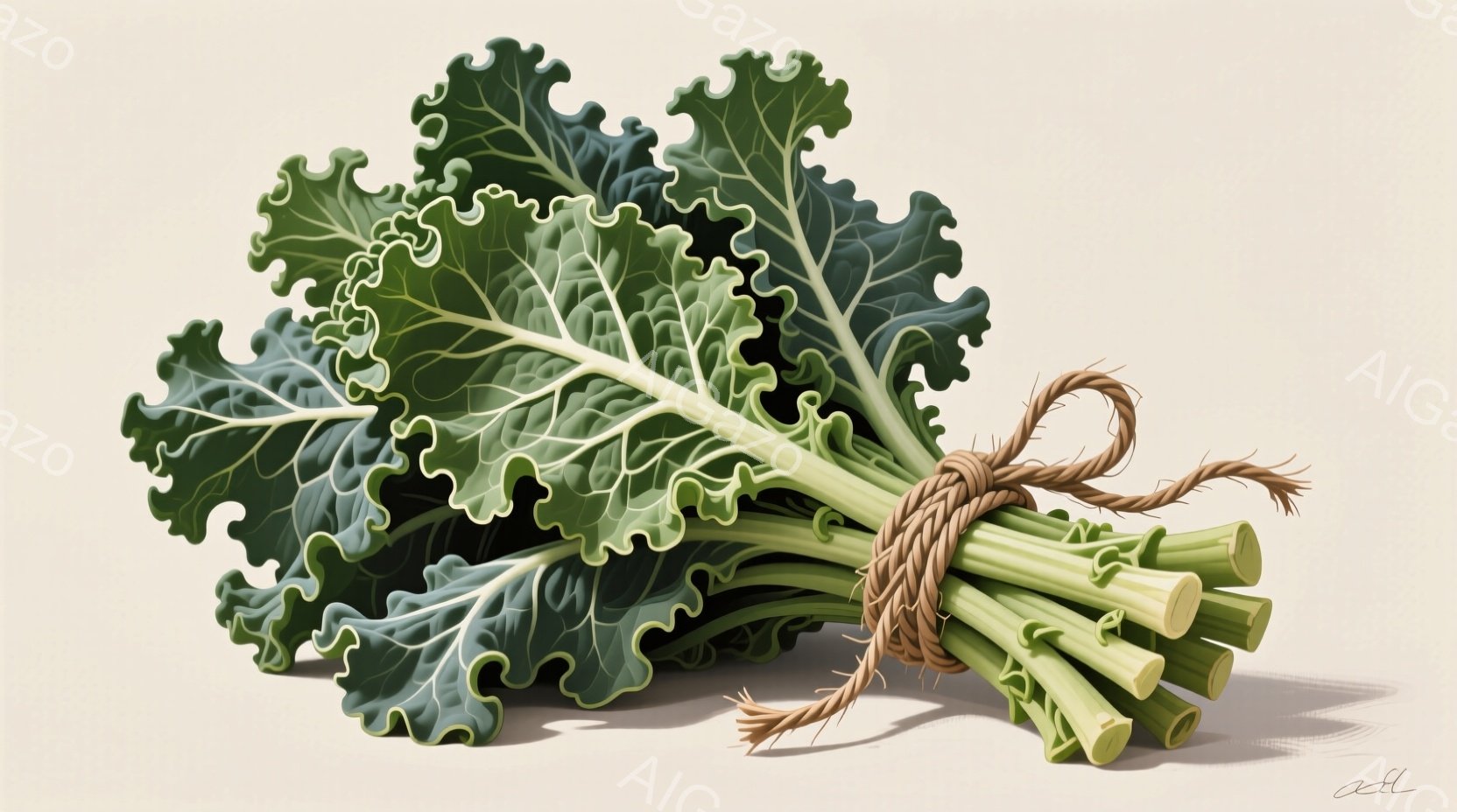 濃い緑色のケールの束が、藁のような紐で結ばれて画面中央に置かれている。葉は縮れていて、光と影が葉脈を強調し、立体感を表現している。背景は淡いベージュ色で、ケールの鮮やかな緑色を際立たせ、落ち着いた雰囲 - AI生成フリー素材