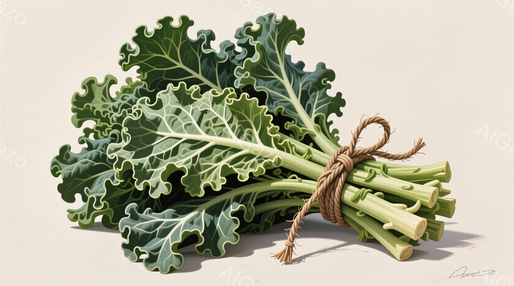 濃い緑色のケールの束が、麻紐でしっかりと結ばれて描かれています。葉は波打ち、光沢があり、茎は太く、新鮮さを感じさせます。背景は淡いベージュ色で、影が落ちており、ケールが立体的に浮かび上がっています。 - AI生成フリー素材