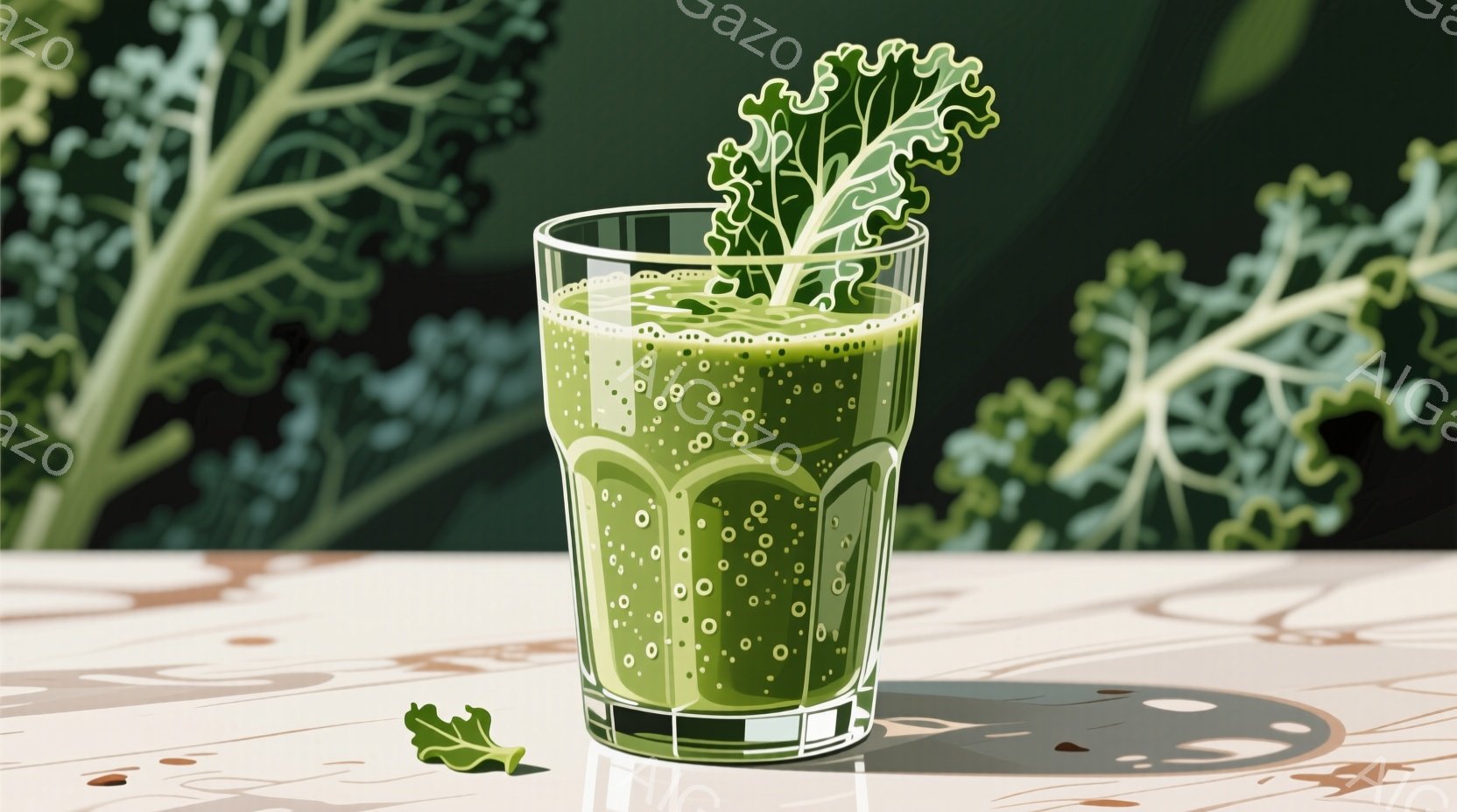 グラスに緑色のスムージーが注がれており、その上にはカールした緑色の葉が飾られています。スムージーは泡立ち、表面に小さな気泡が見て取れます。背景はぼやけた緑色で、テーブルの表面にはグラスの影が映り込み、健康的なライフスタイルを想起させる静謐な雰囲気です。